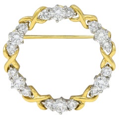 McTeigue Broche circulaire vintage en or bicolore 18 carats et diamants 2,16 carats, années 1960