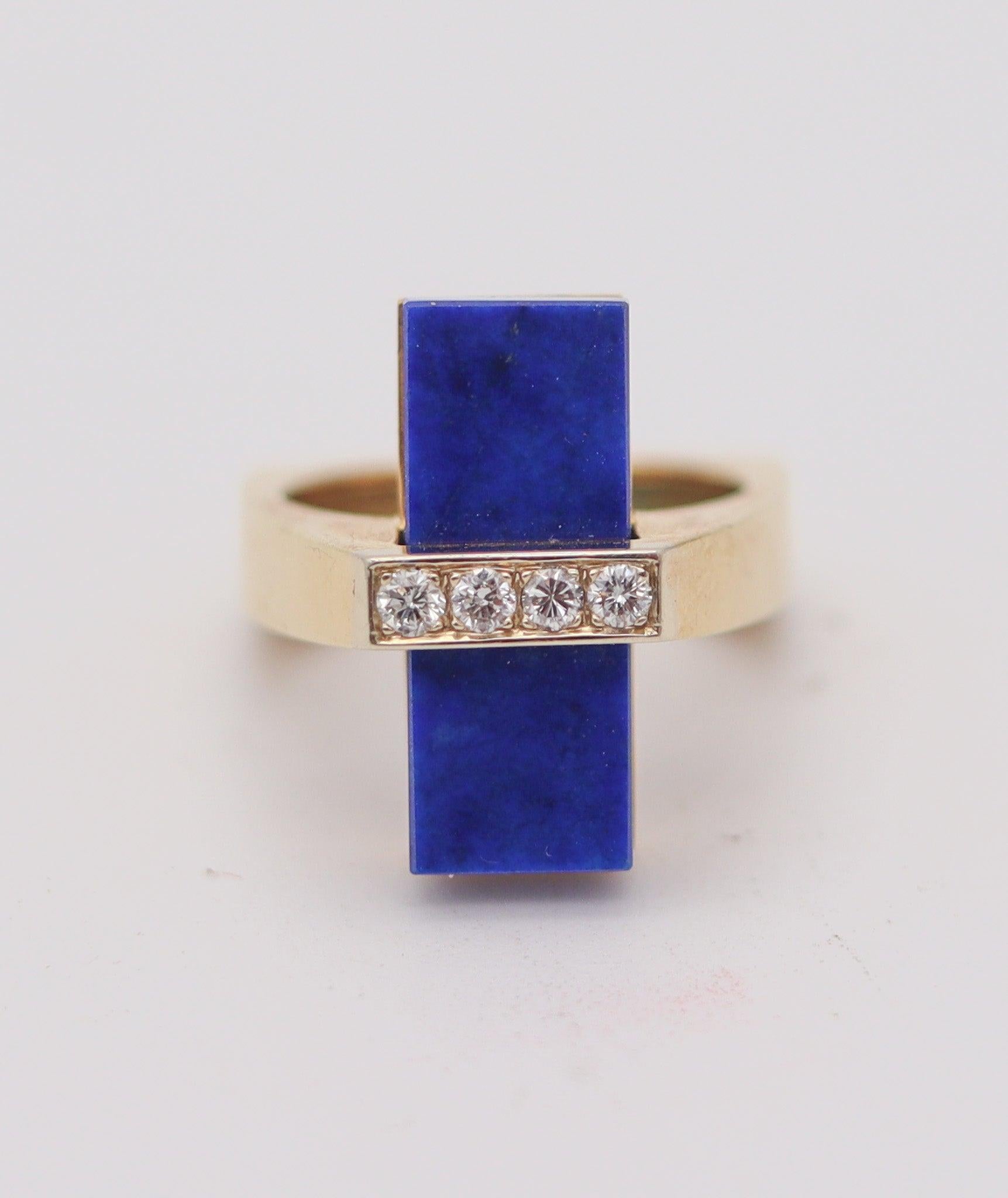 Modernist McTEIGUE 1970 French Geometric Ring 18Kt Yellow Gold With Diamonds & Lapis For Sale