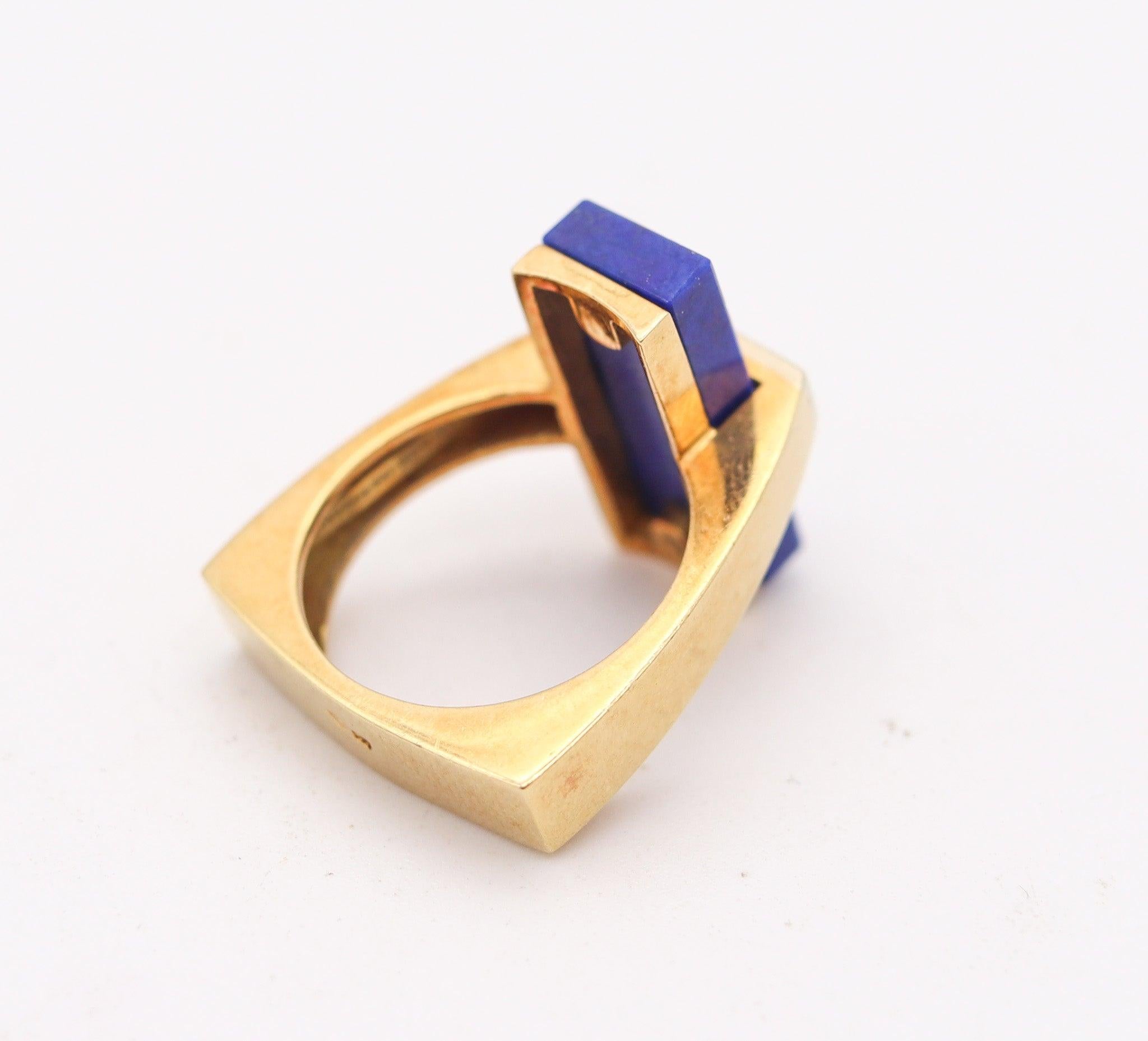 Brilliant Cut McTEIGUE 1970 French Geometric Ring 18Kt Yellow Gold With Diamonds & Lapis For Sale