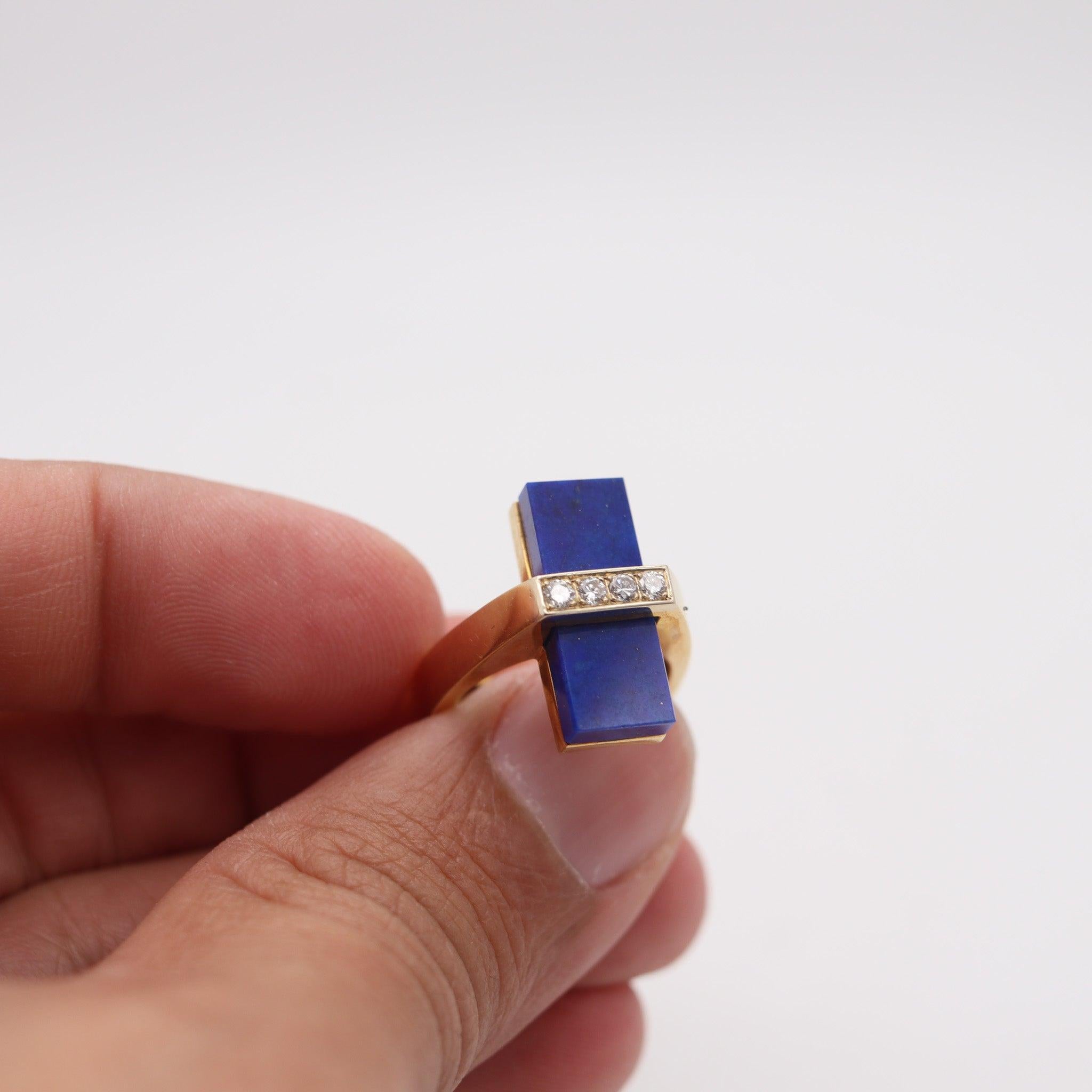 McTEIGUE 1970 French Geometric Ring 18Kt Yellow Gold With Diamonds & Lapis For Sale 1
