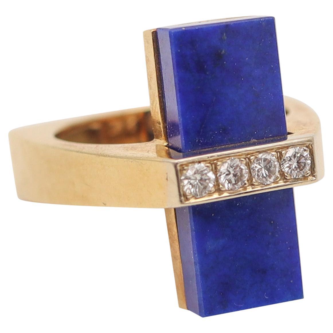 McTEIGUE 1970 French Geometric Ring 18Kt Yellow Gold With Diamonds & Lapis