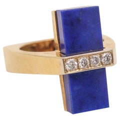 McTEIGUE 1970 French Geometric Ring 18Kt Yellow Gold With Diamonds & Lapis