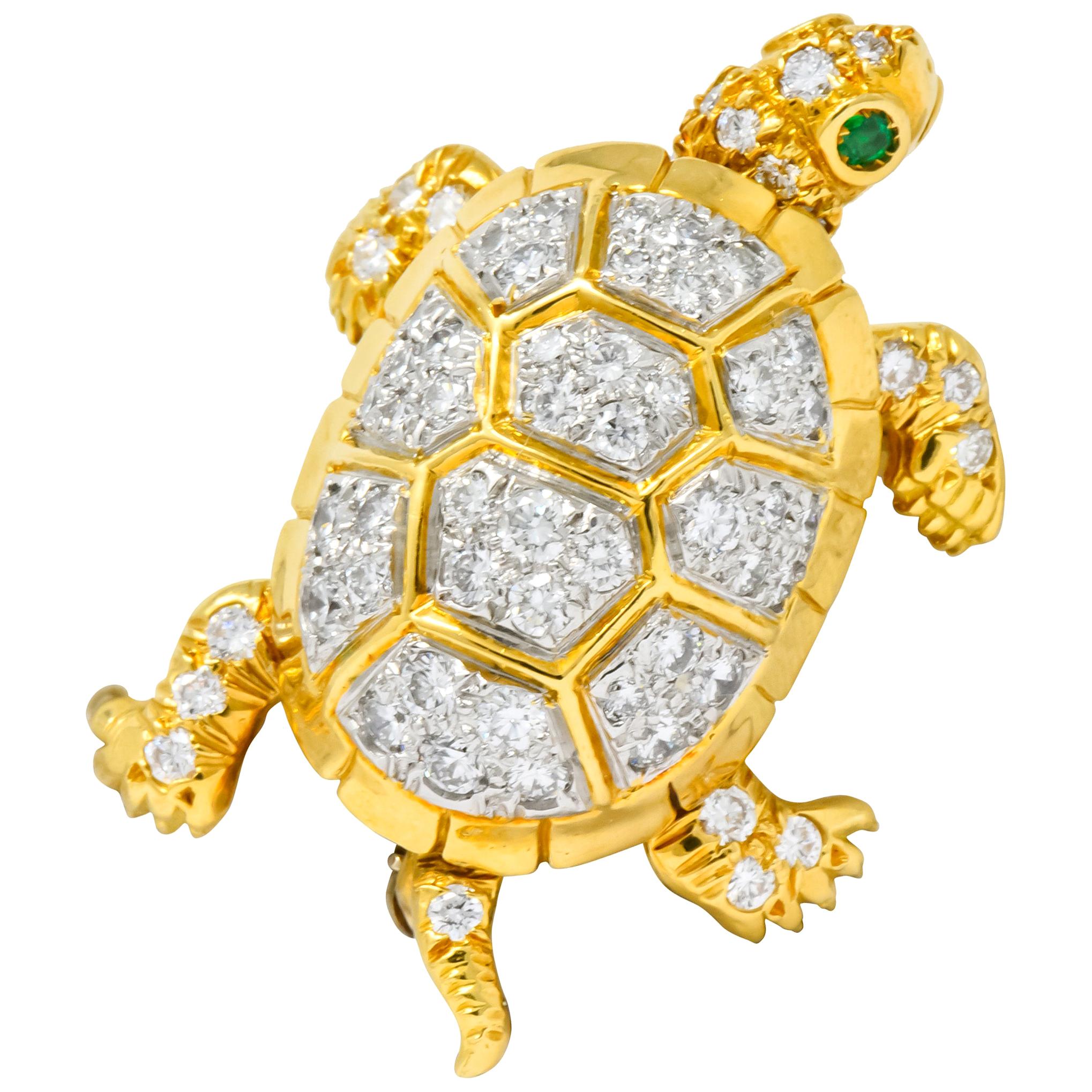McTeigue 2.20 Carat Diamond Emerald Platinum-Topped 18 Karat Gold Turtle Brooch