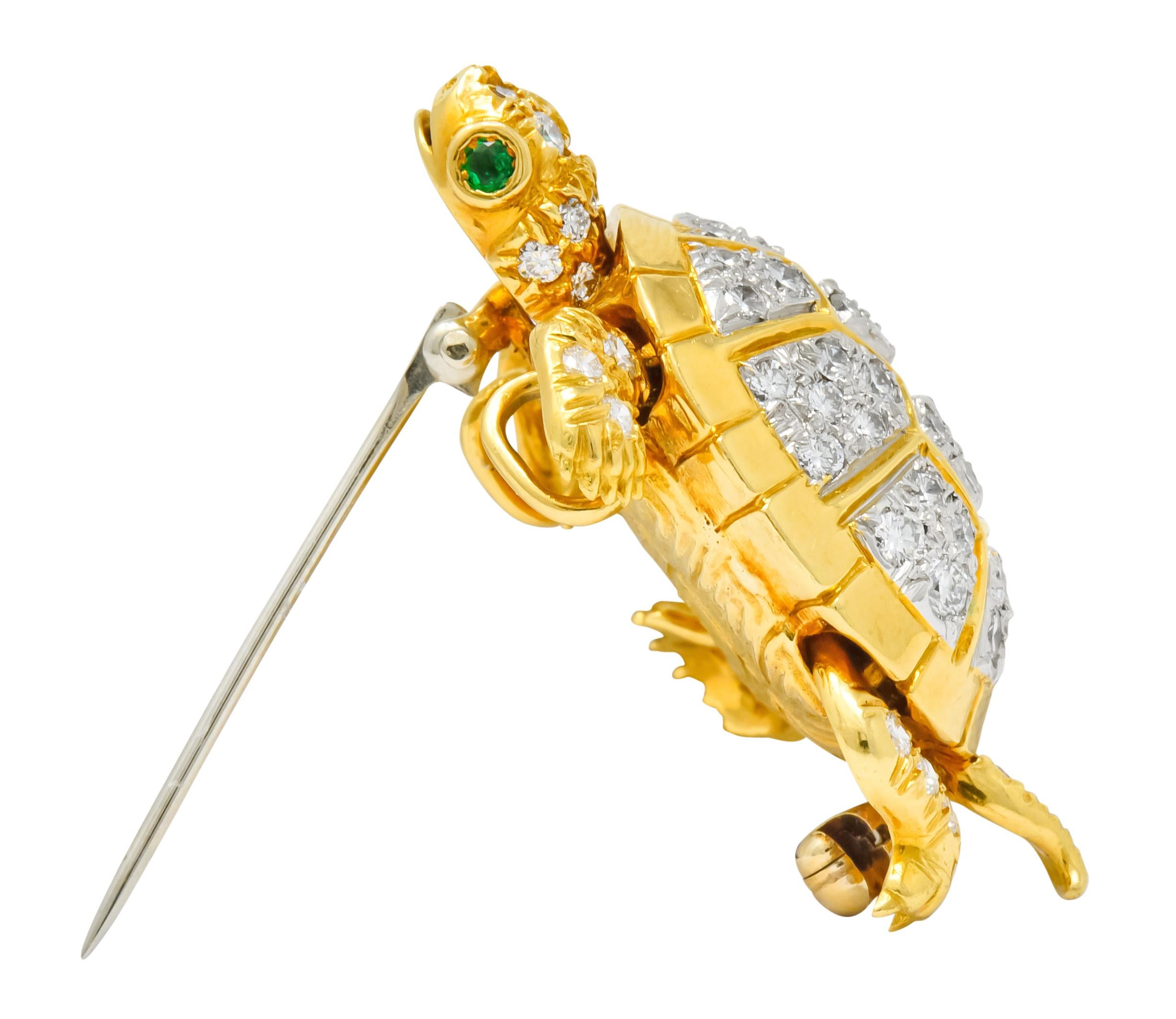 McTeigue 2.20 Carat Diamond Emerald Platinum-Topped 18 Karat Gold Turtle Brooch 4
