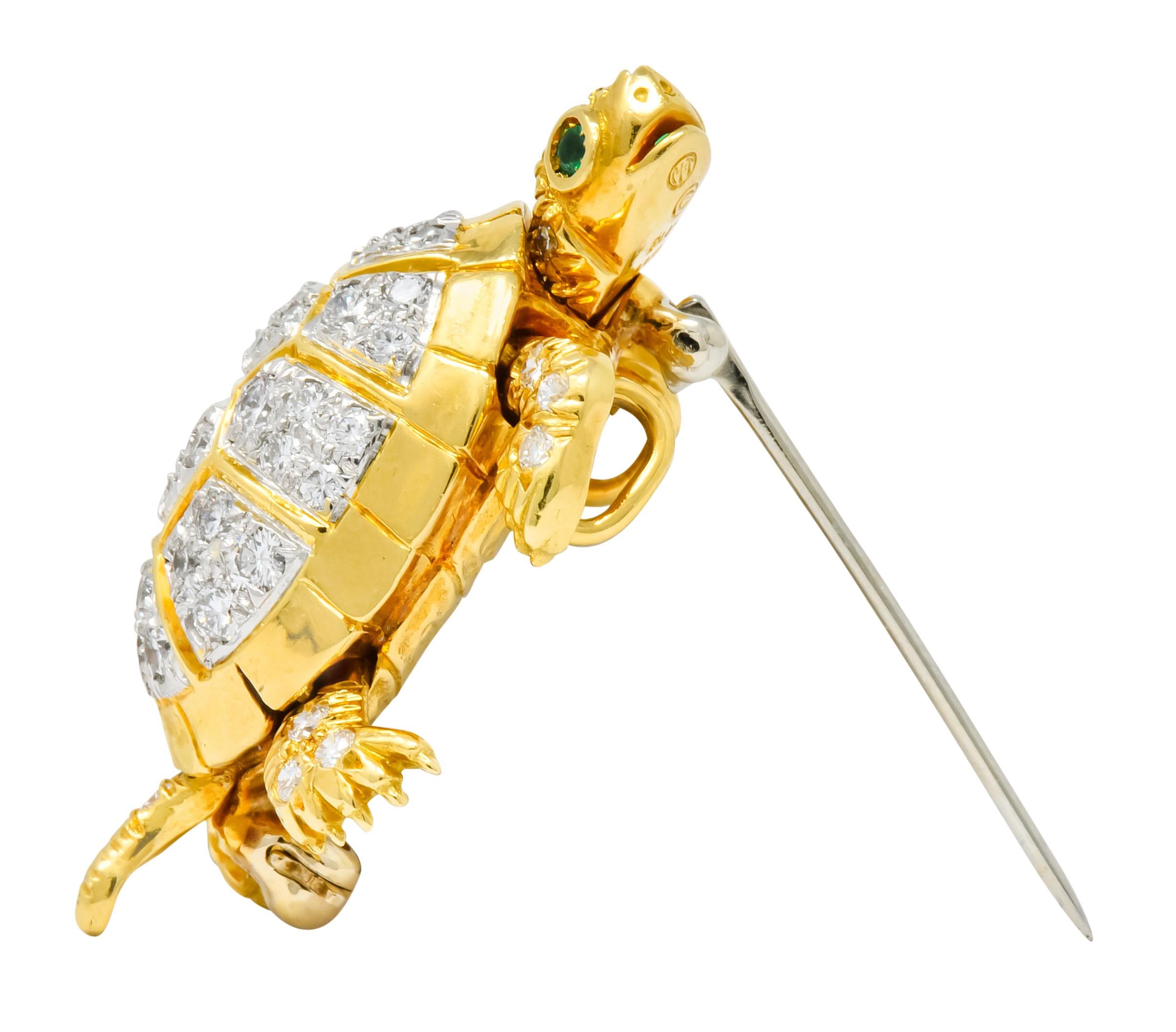 McTeigue 2.20 Carat Diamond Emerald Platinum-Topped 18 Karat Gold Turtle Brooch 5