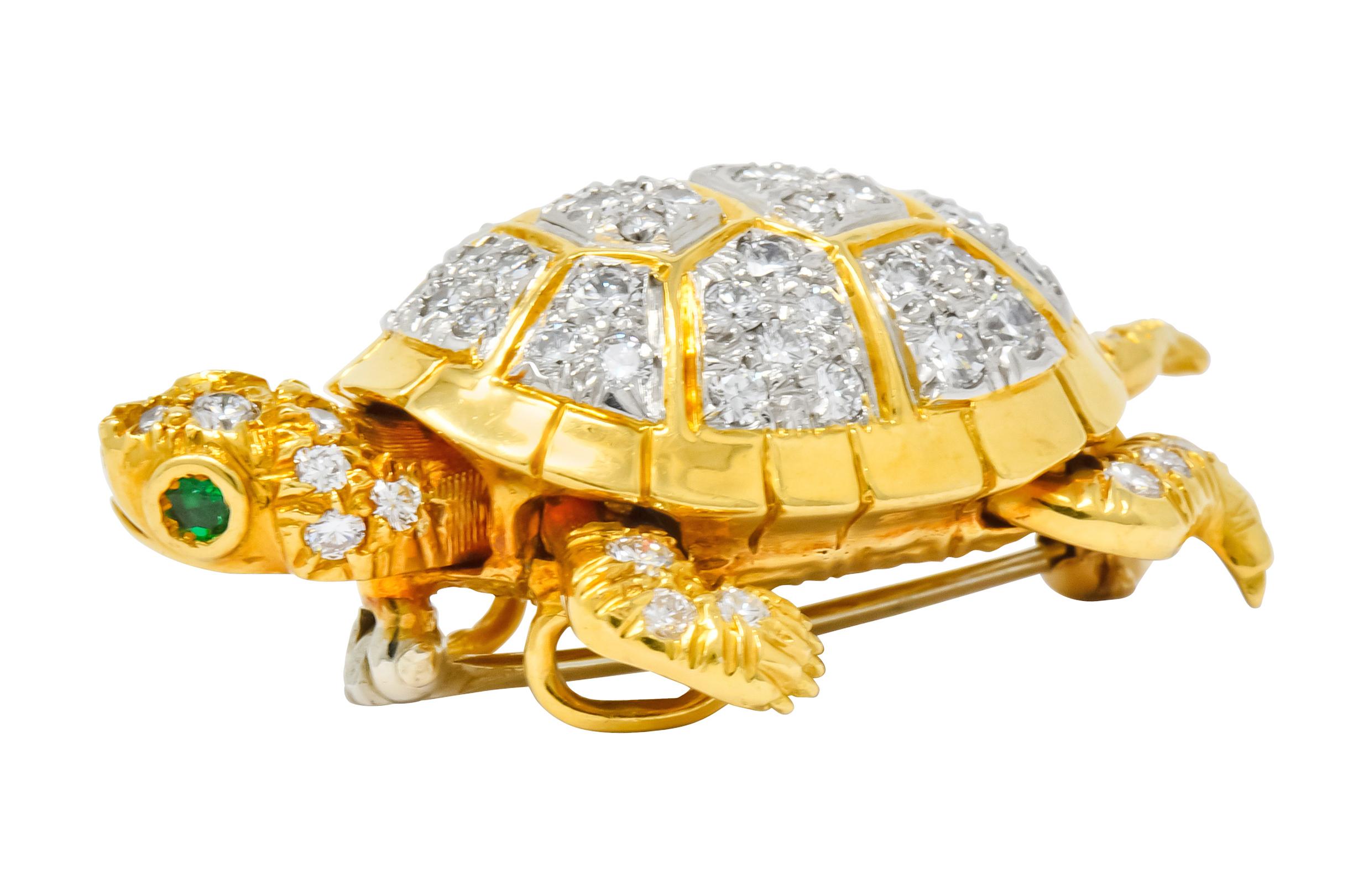 Round Cut McTeigue 2.20 Carat Diamond Emerald Platinum-Topped 18 Karat Gold Turtle Brooch