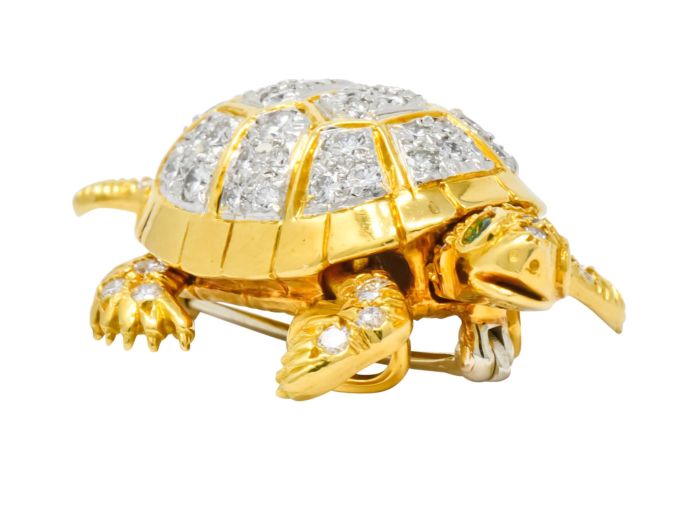 McTeigue 2.20 Carat Diamond Emerald Platinum-Topped 18 Karat Gold Turtle Brooch In Excellent Condition In Philadelphia, PA