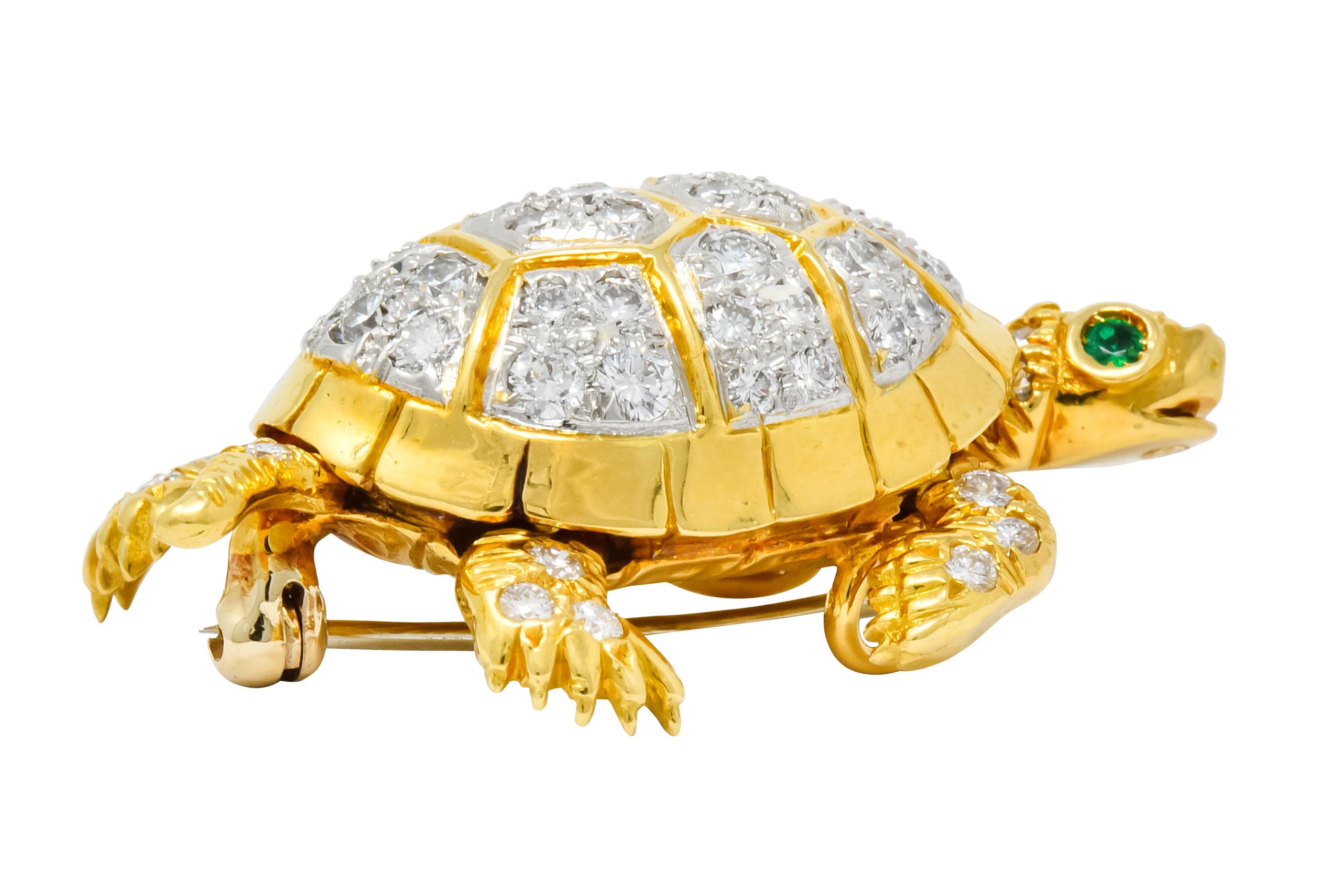 Women's or Men's McTeigue 2.20 Carat Diamond Emerald Platinum-Topped 18 Karat Gold Turtle Brooch