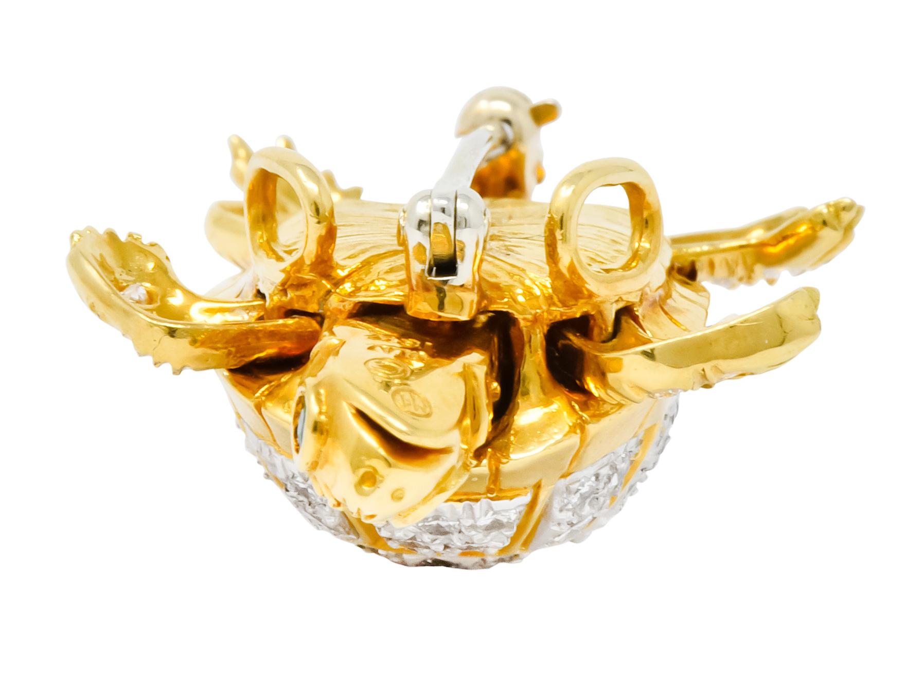 McTeigue 2.20 Carat Diamond Emerald Platinum-Topped 18 Karat Gold Turtle Brooch 3