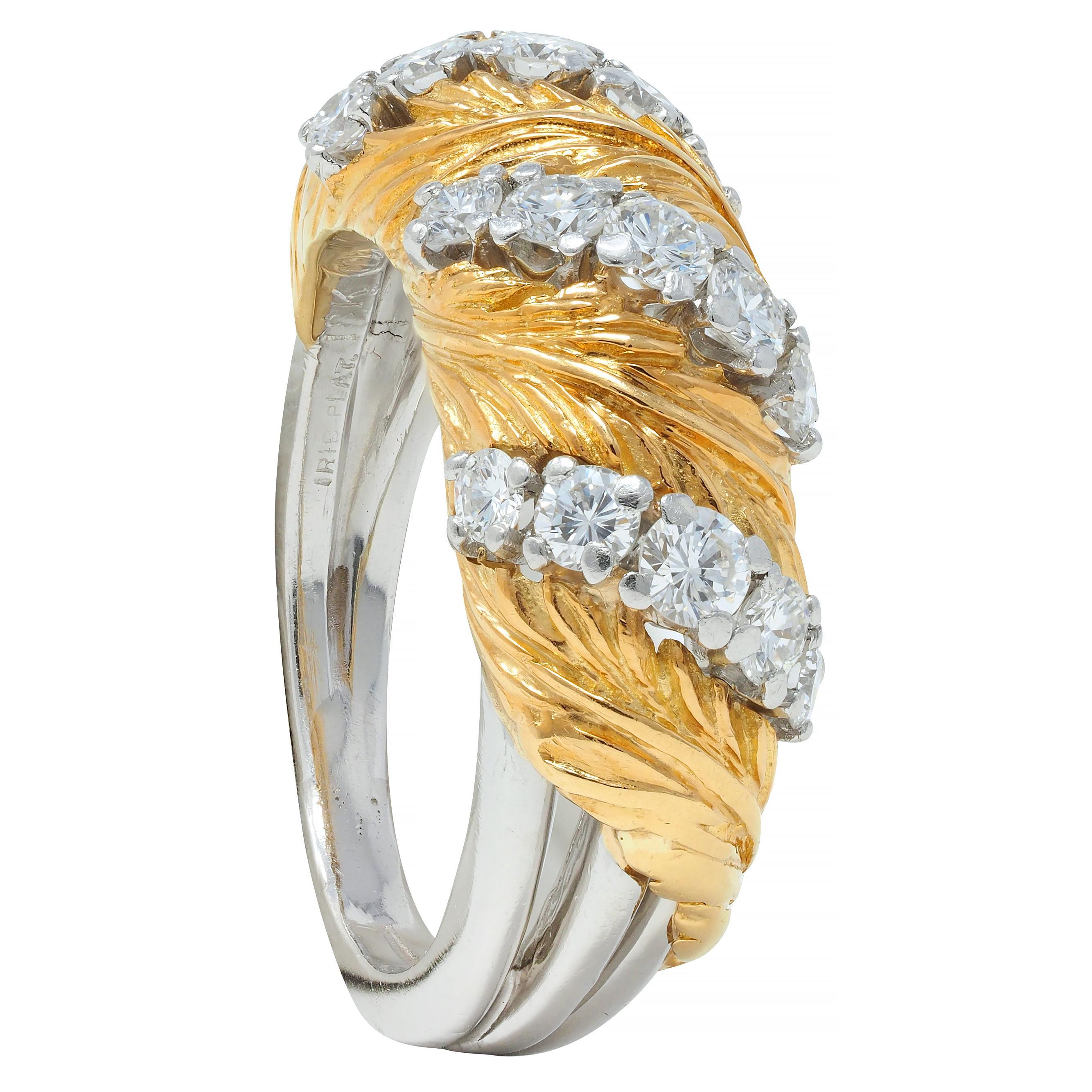 McTeigue & Co. 1950's Diamond Platinum 18 Karat Gold Vintage Feather Band Ring 6