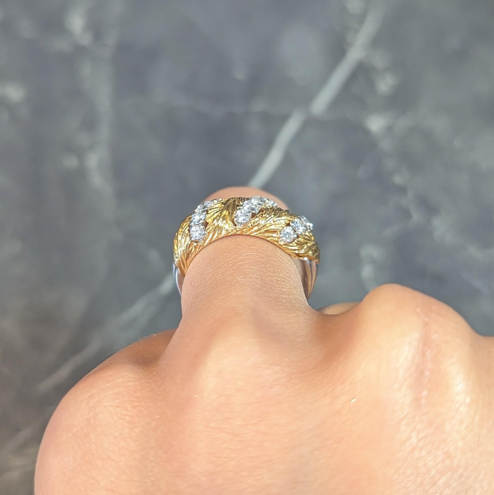 McTeigue & Co. 1950's Diamond Platinum 18 Karat Gold Vintage Feather Band Ring 8