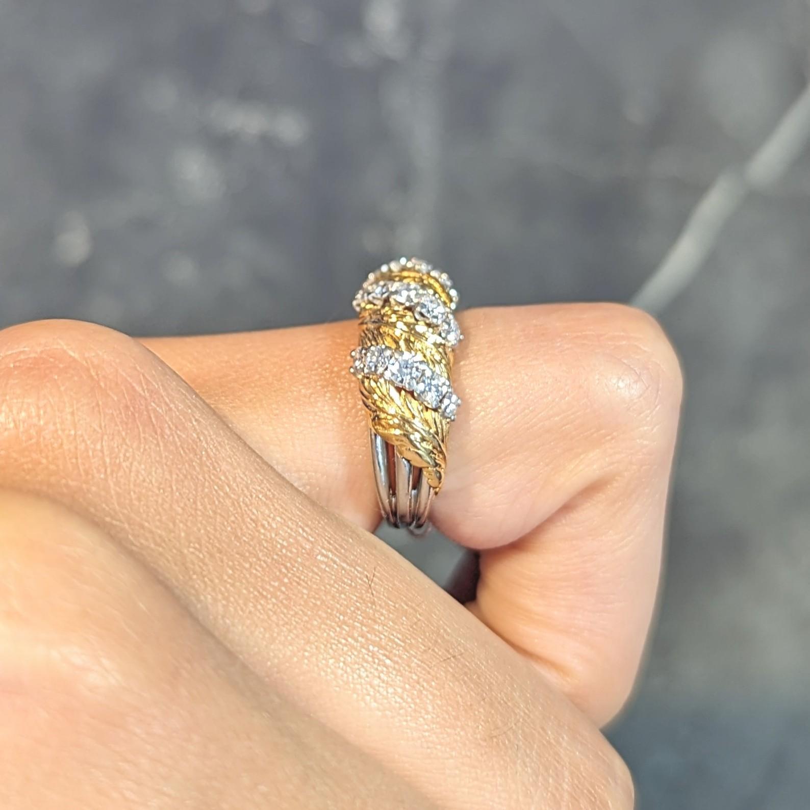McTeigue & Co. 1950's Diamond Platinum 18 Karat Gold Vintage Feather Band Ring 9