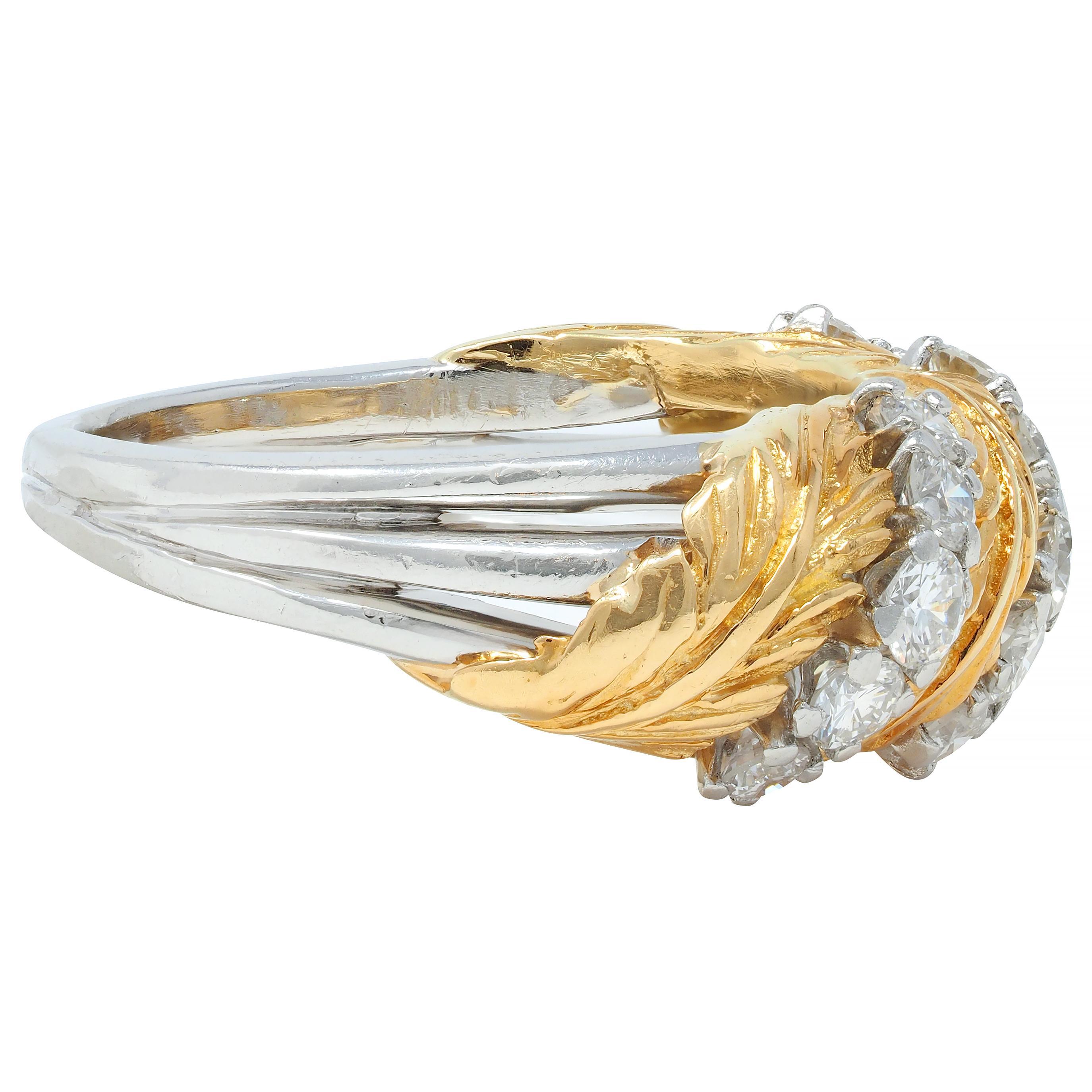 McTeigue & Co. 1950's Diamond Platinum 18 Karat Gold Vintage Feather Band Ring In Excellent Condition In Philadelphia, PA