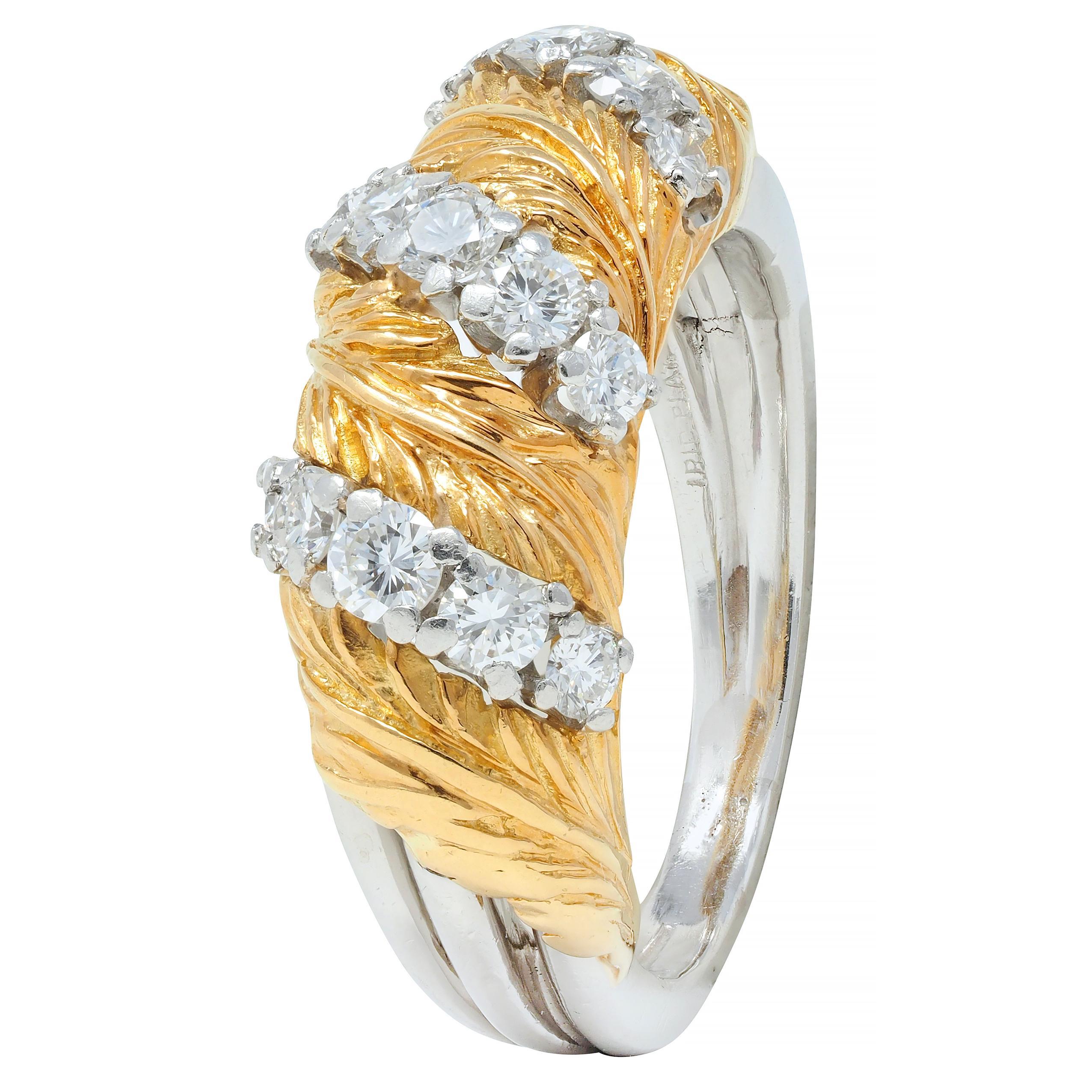 McTeigue & Co. 1950's Diamond Platinum 18 Karat Gold Vintage Feather Band Ring 3