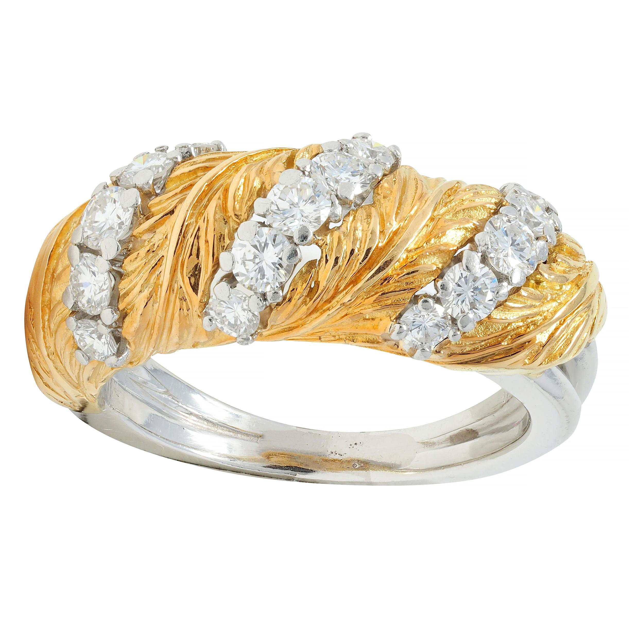McTeigue & Co. 1950's Diamond Platinum 18 Karat Gold Vintage Feather Band Ring 4
