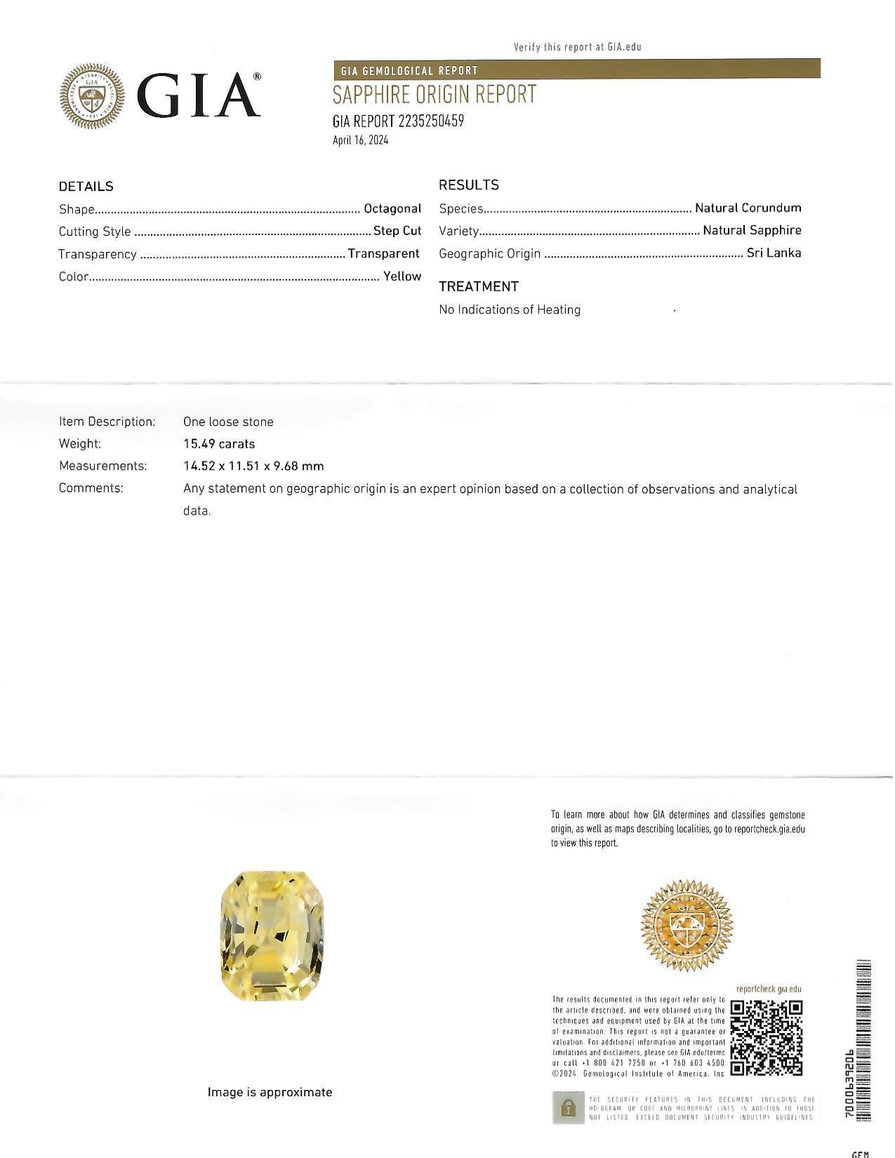 McTeigue & Co. Bague en saphir de Ceylan jaune 17,73 carats, sans chaleur, du milieu du siècle dernier 10