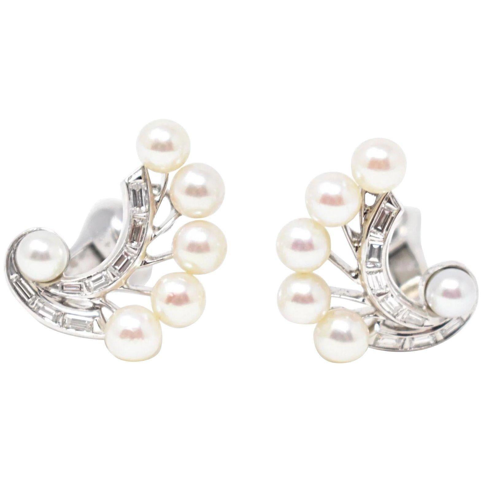 McTeigue & Co. Platinum Pearl Diamond Earrings, circa 1950