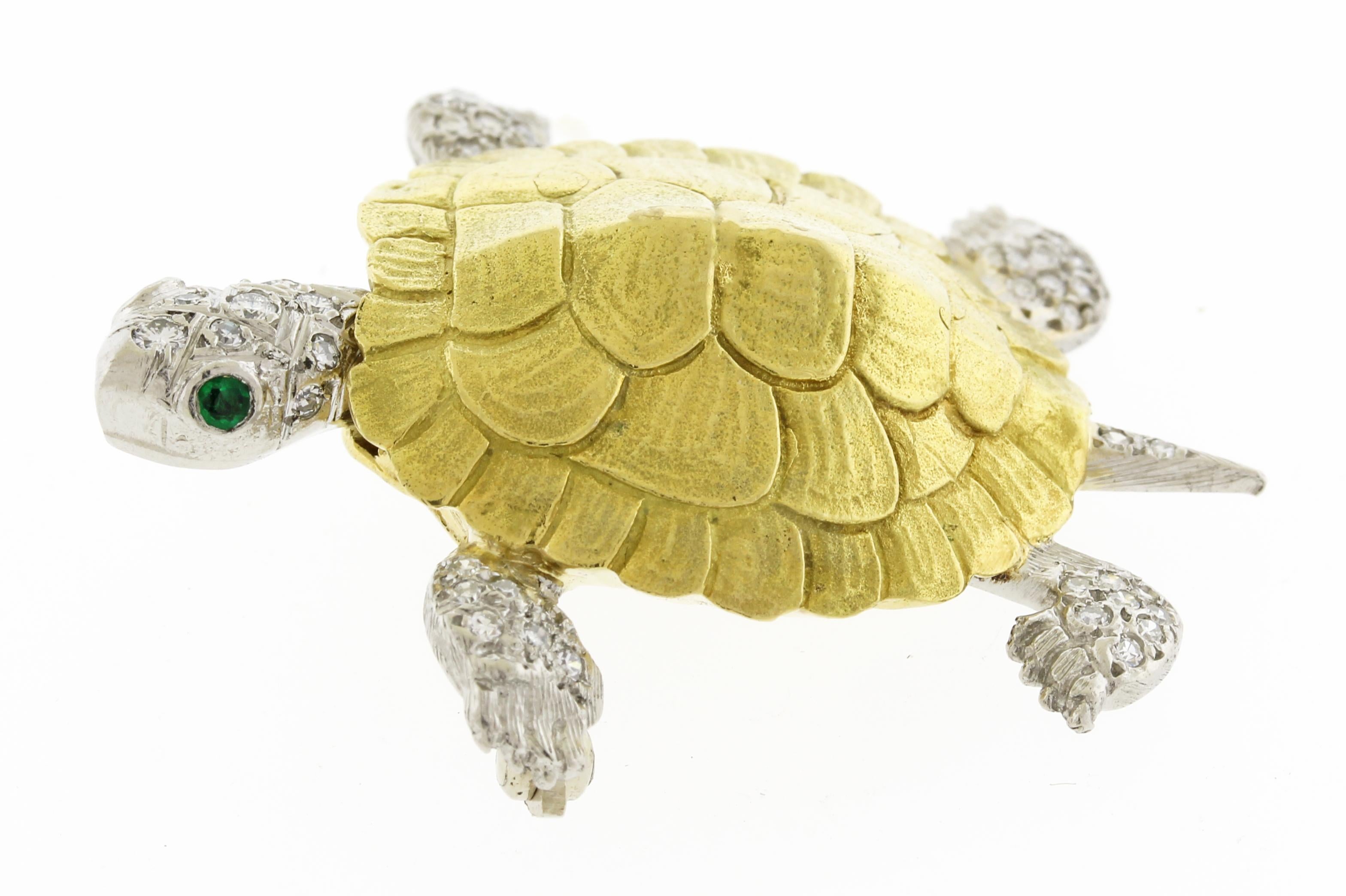 From McTeigue, this turtle brooch has a moveable head with 2 emerald eyes. The fine detail and texture of the turtles shell is a work of art.
• Metal: 18kt Yellow Gold and Platinum
• Designer: McTeigue
• Circa: 1970’s
• Gemstone: Diamonds and