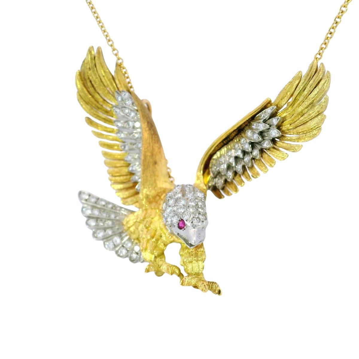 Donna McTeigue Collana con ciondolo a forma di aquila in oro 18 carati e platino ~2ctw in vendita
