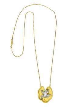 McTeigue Diamond Emerald Platinum 18 Karat Gold Lily Pad Frog Necklace