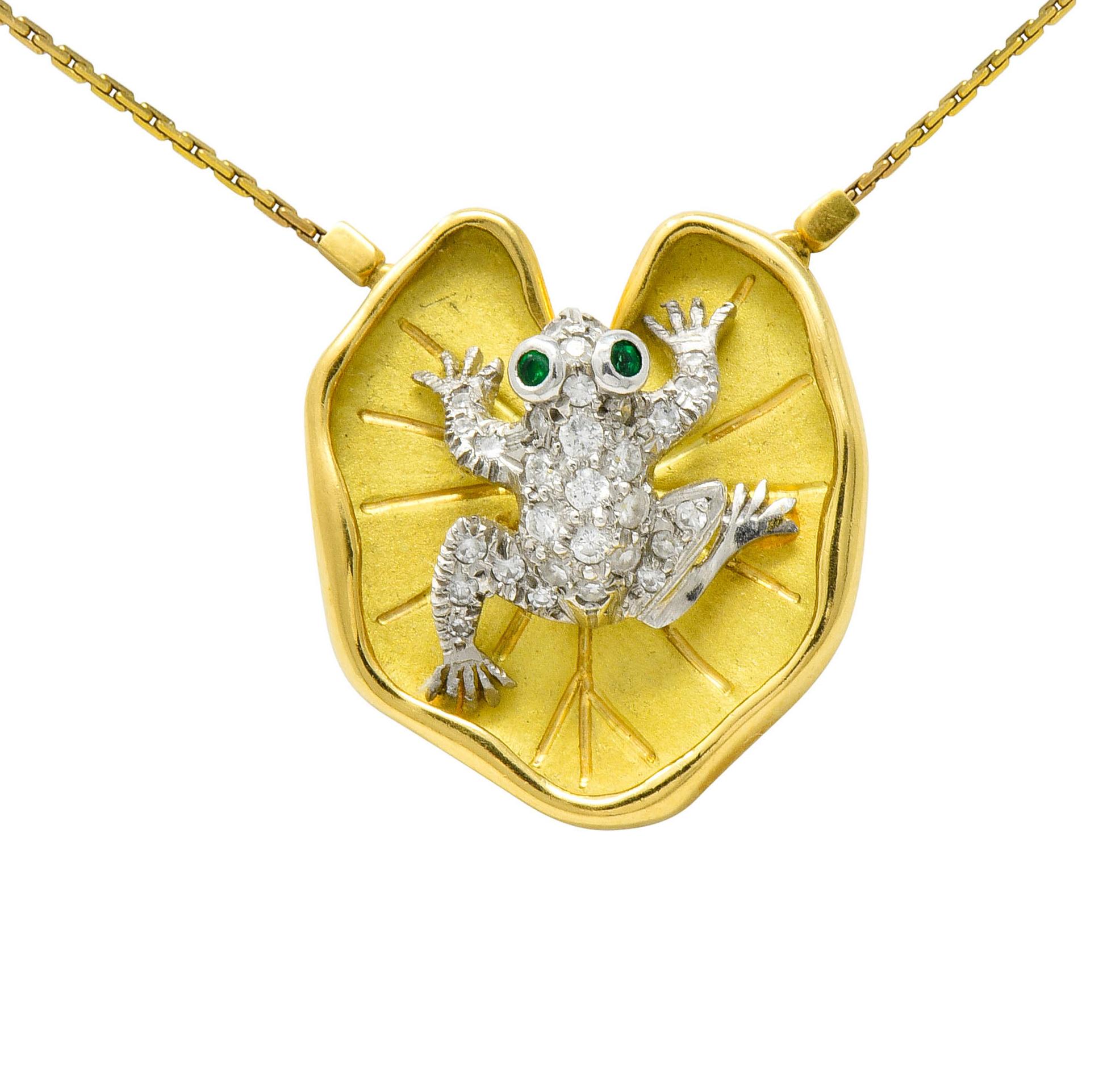 Single Cut McTeigue Diamond Emerald Platinum 18 Karat Gold Lily Pad Frog Necklace