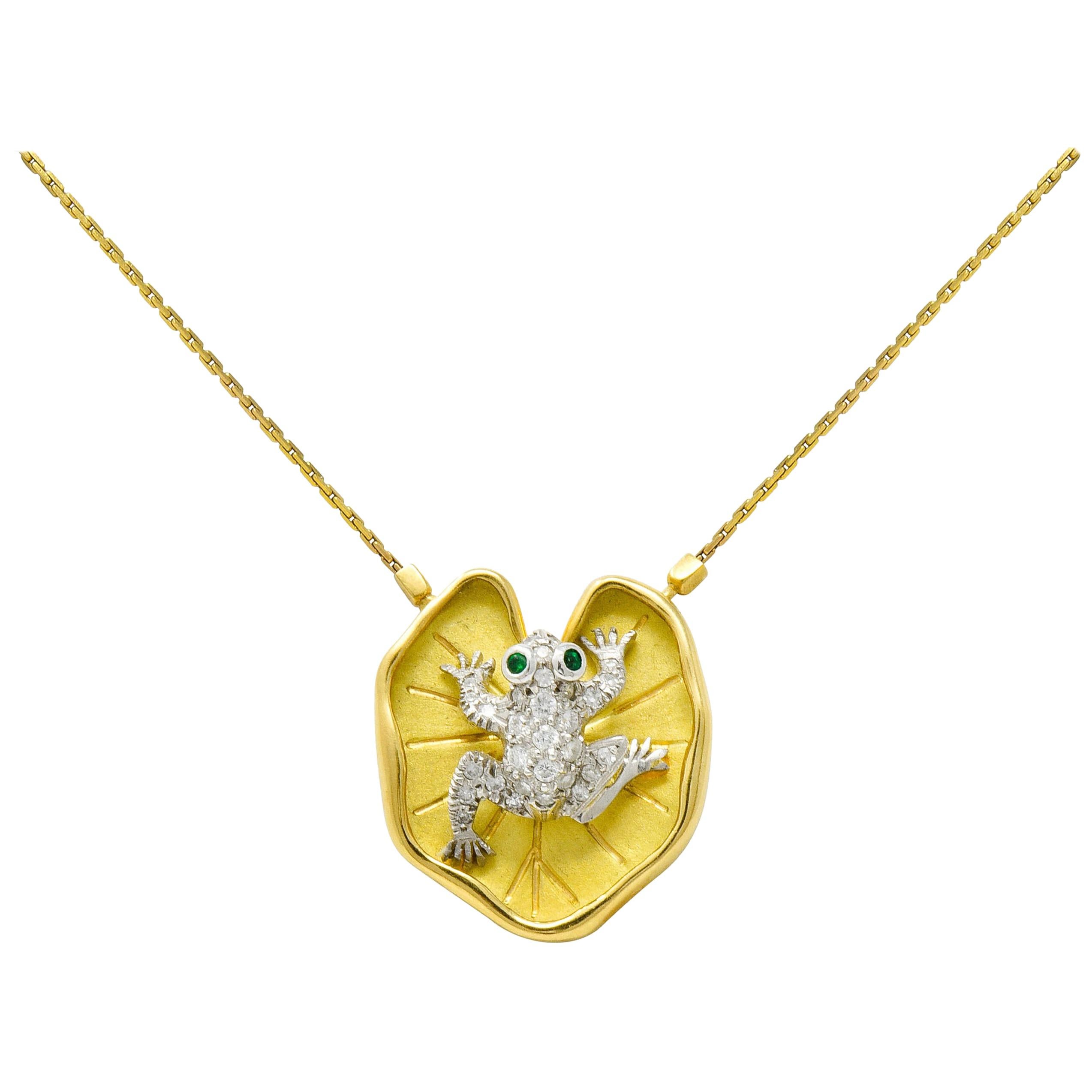McTeigue Diamond Emerald Platinum 18 Karat Gold Lily Pad Frog Necklace