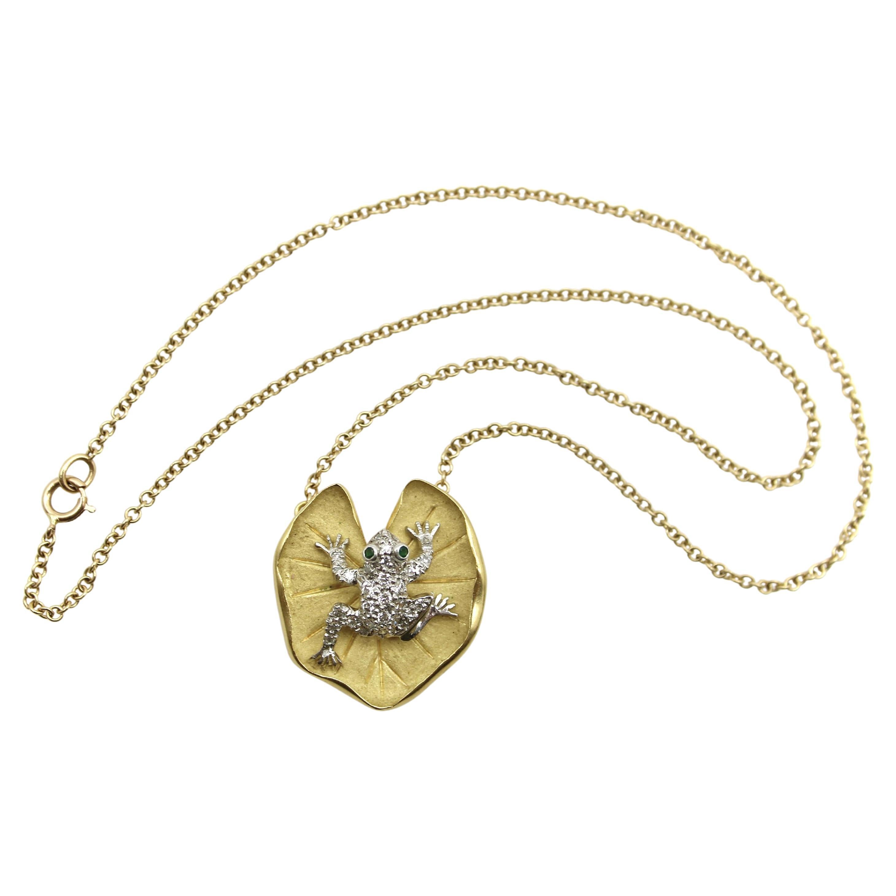 McTeigue Diamond Emerald Platinum 18k Gold Frog on Lily Pad Necklace For Sale