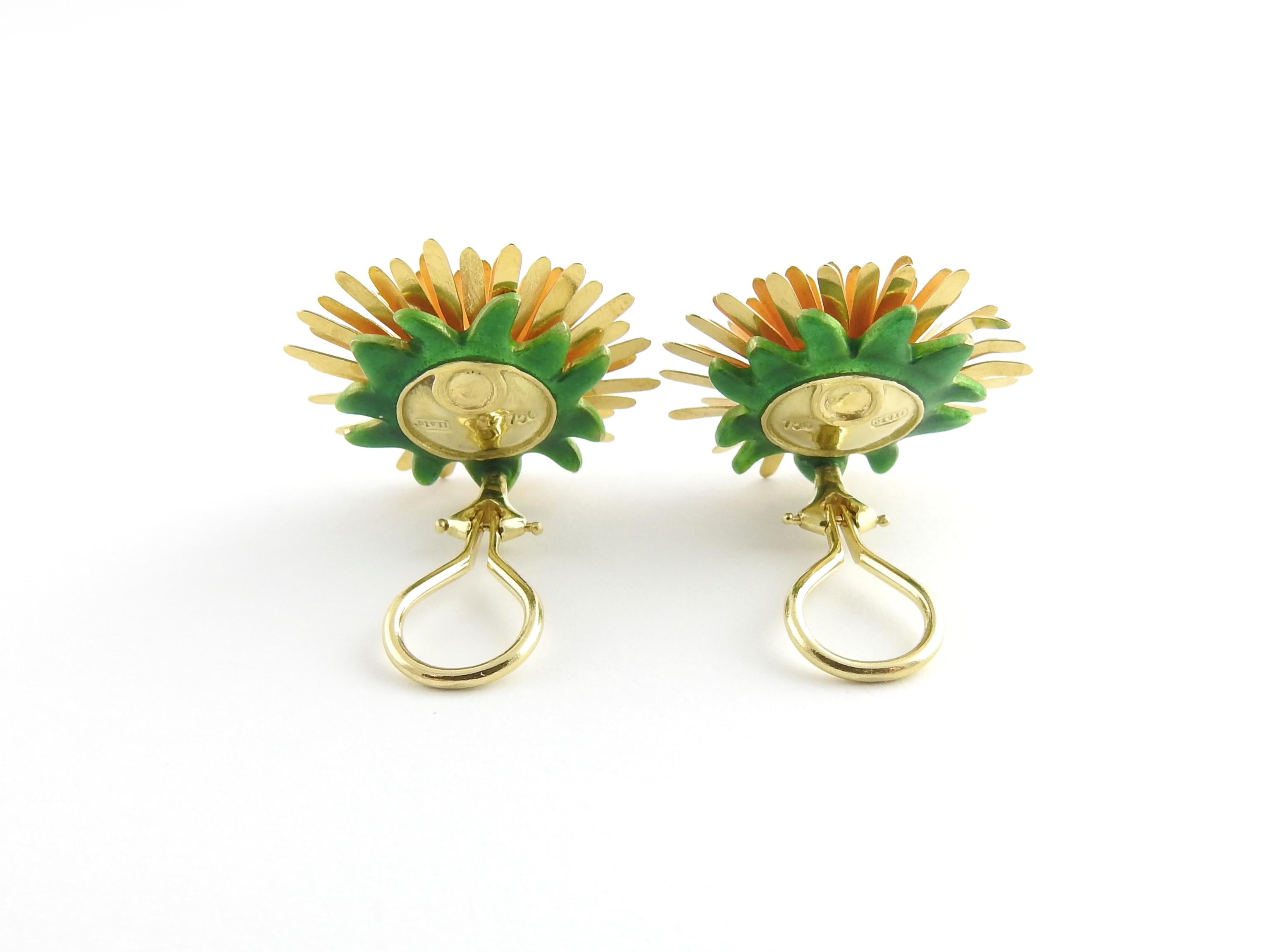 McTeigue & McClelland 18 Karat Gold Dandelion Earrings with Green Enamel Back 1