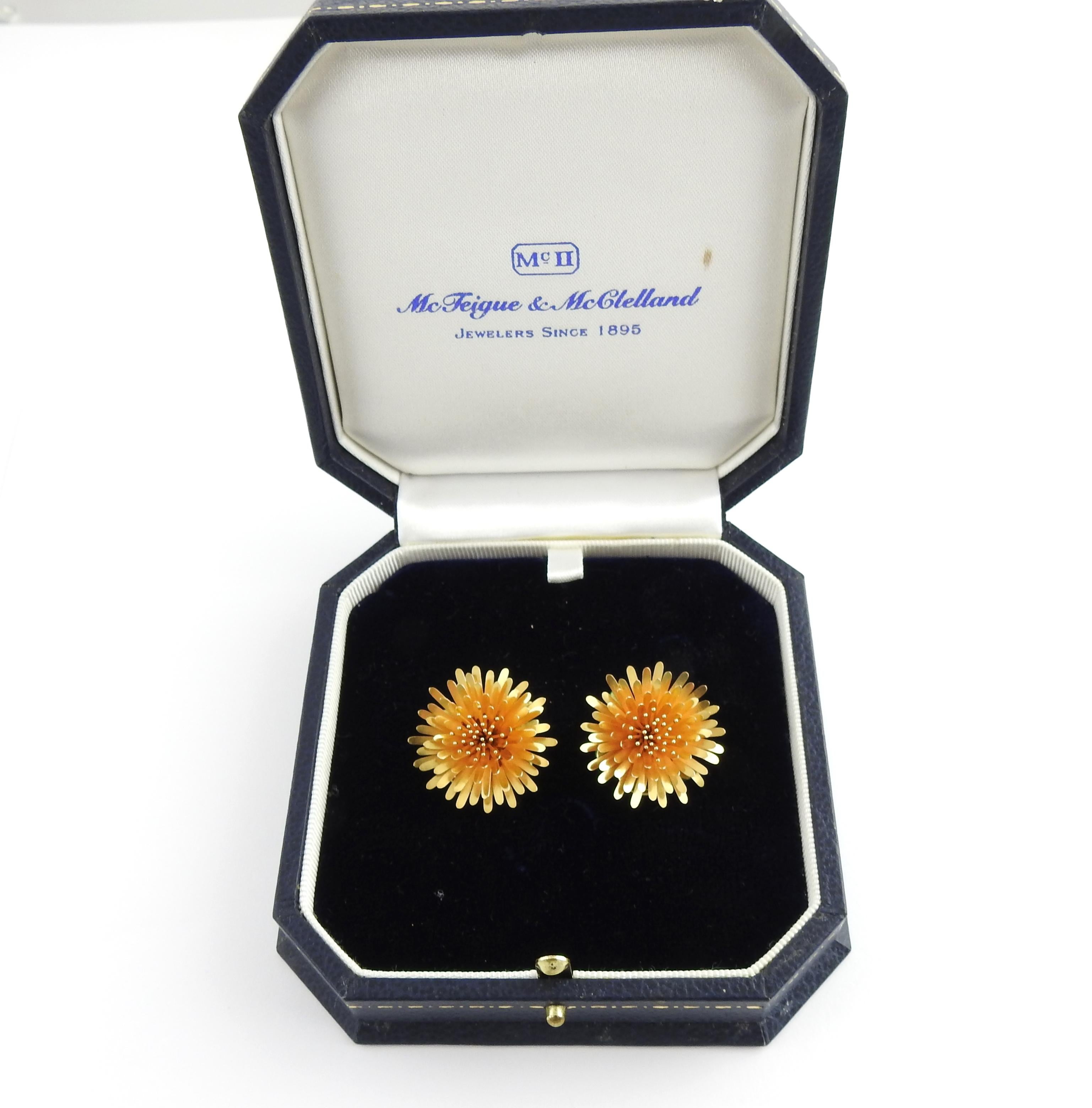 McTeigue & McClelland 18 Karat Gold Dandelion Earrings with Green Enamel Back 4