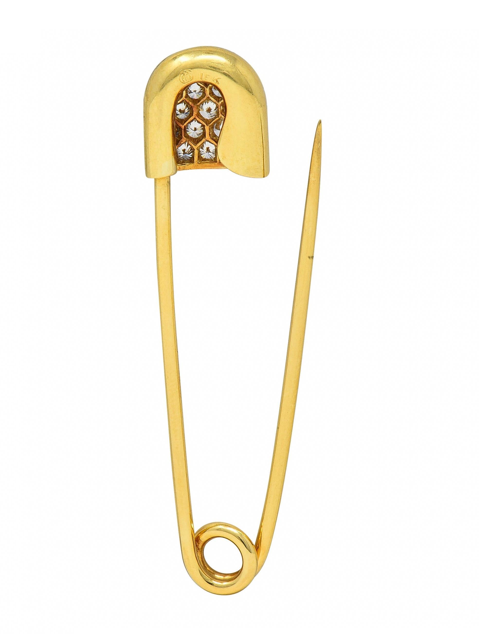 McTeigue Mid-Century 1.00 CTW Diamond 18K Yellow Gold Vintage Safety Pin Brooch In Excellent Condition In Philadelphia, PA