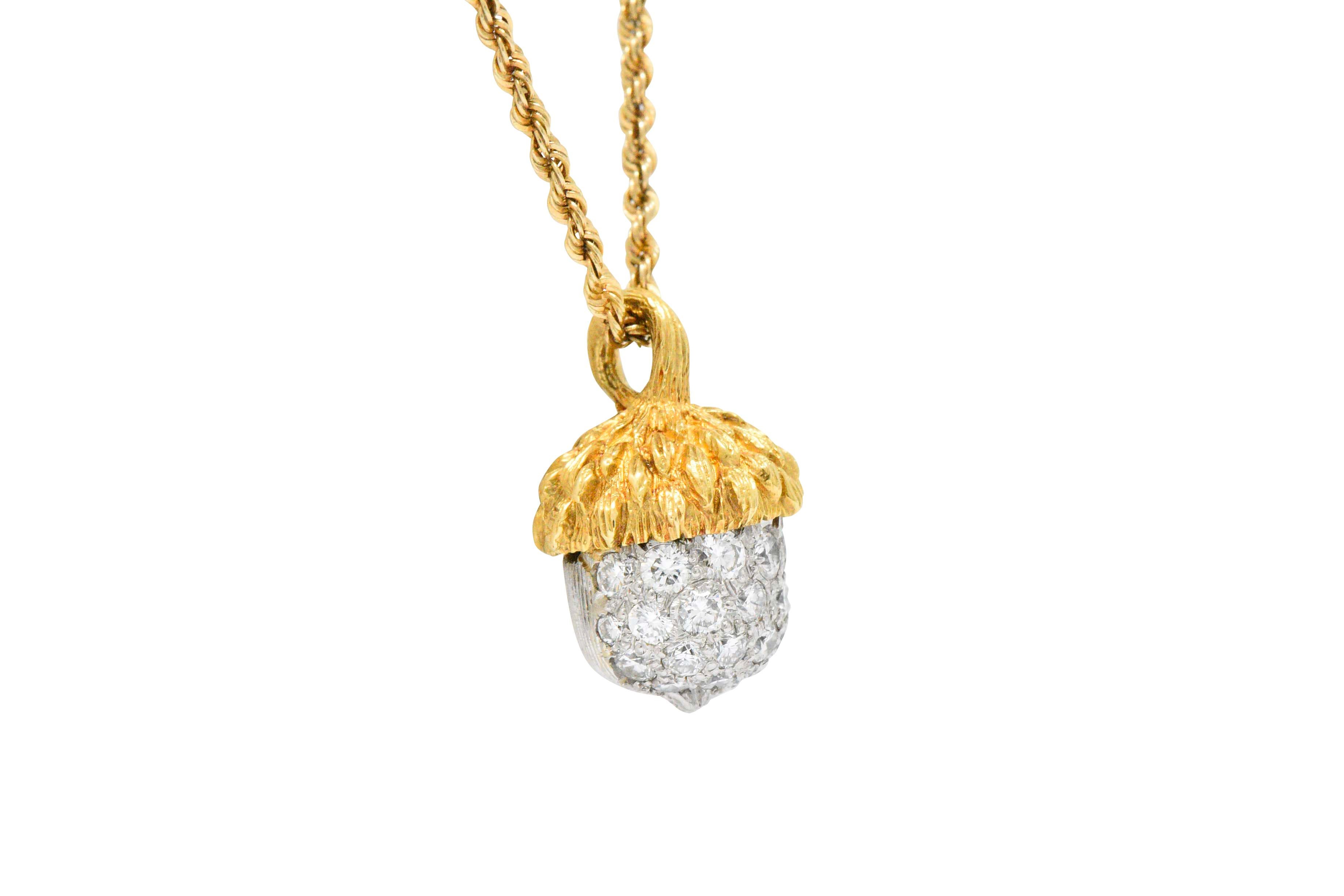 McTeigue Retro 1.20 Carat Diamond Platinum 18 Karat Gold Acorn Pendant Necklace In Excellent Condition In Philadelphia, PA