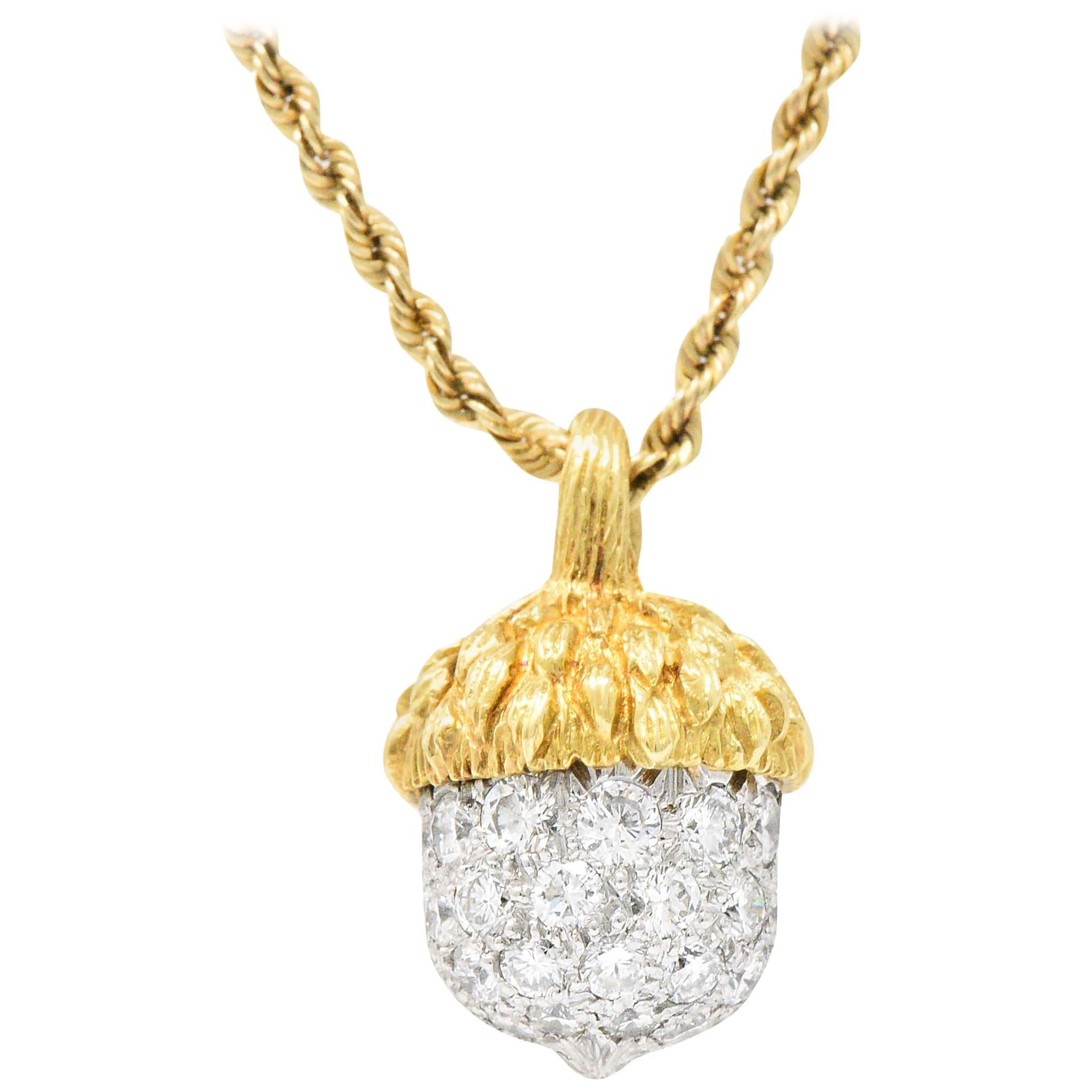 McTeigue Retro 1.20 Carat Diamond Platinum 18 Karat Gold Acorn Pendant Necklace