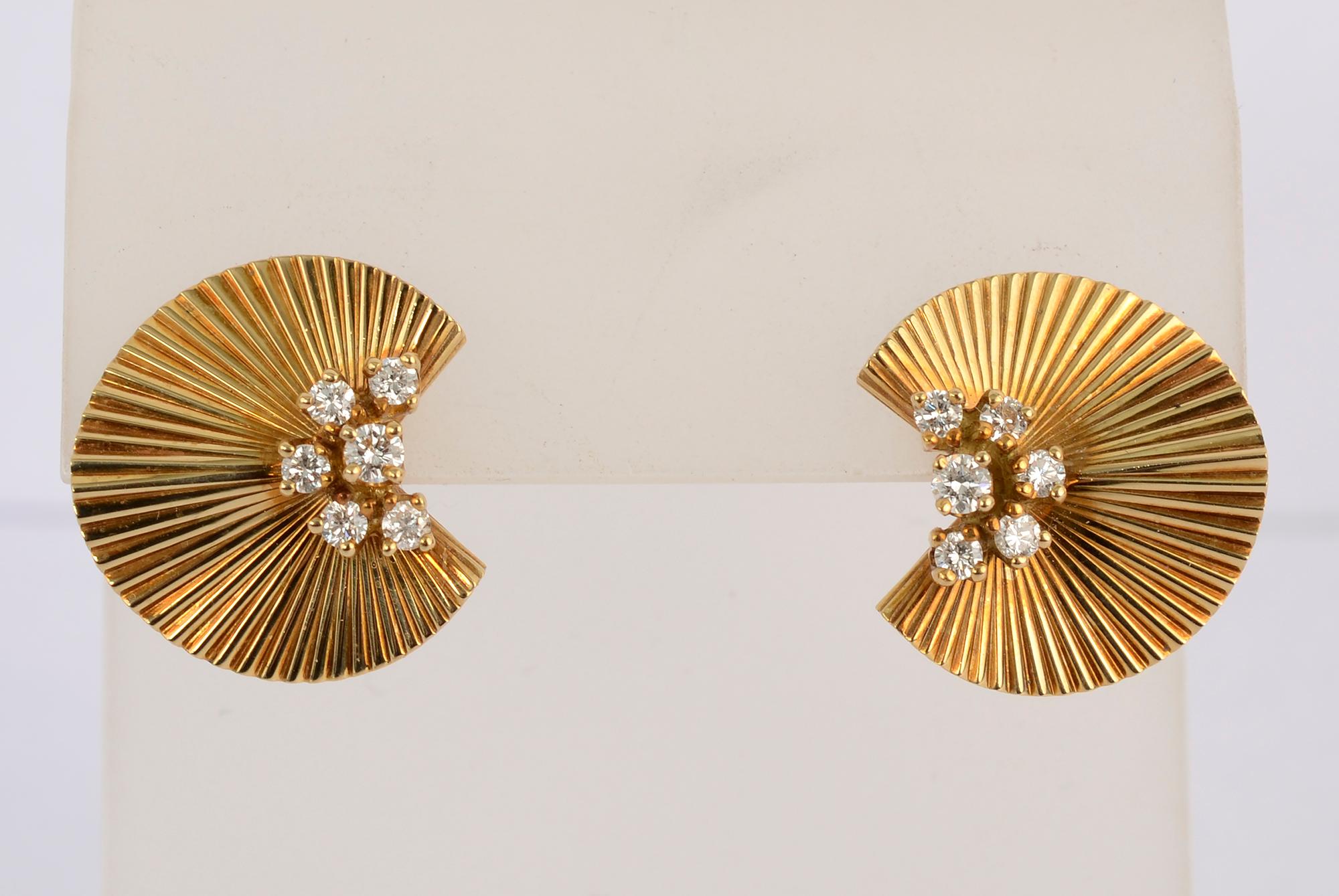 Delicate Retro 18 karat gold earrings by McTeigue in a ruffled design. Each earring has a cluster of 6 round diamonds weighing a total of approximately .37 carats. The backs are posts and clips. Measurements are 3/4