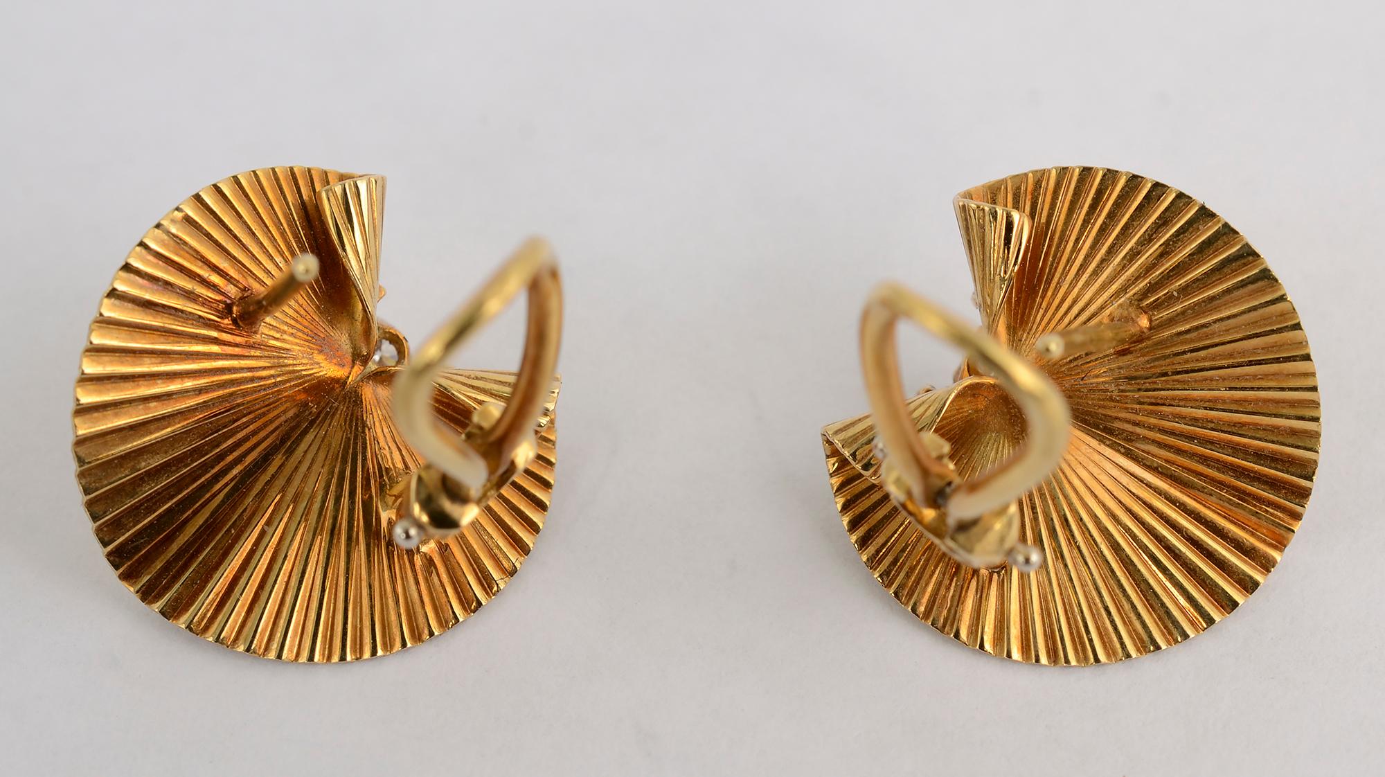 Women's or Men's McTeigue Retro Gold Ruffled Earrings with Diamonds