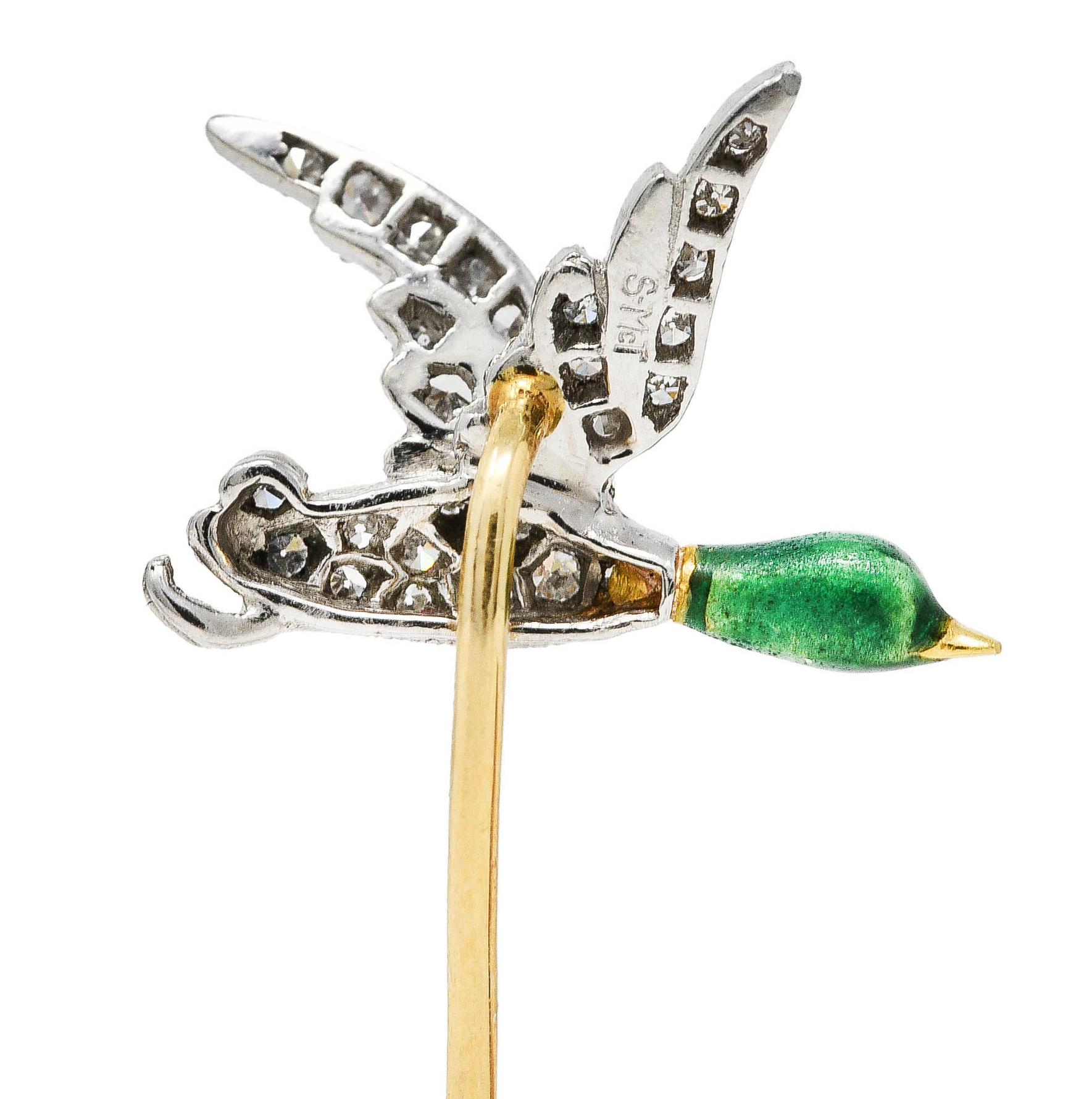 Mcteigue Vintage Mallard Duck Stickpin, Diamant Emaille Platin 18 Karat Gold (Einfacher Schliff) im Angebot