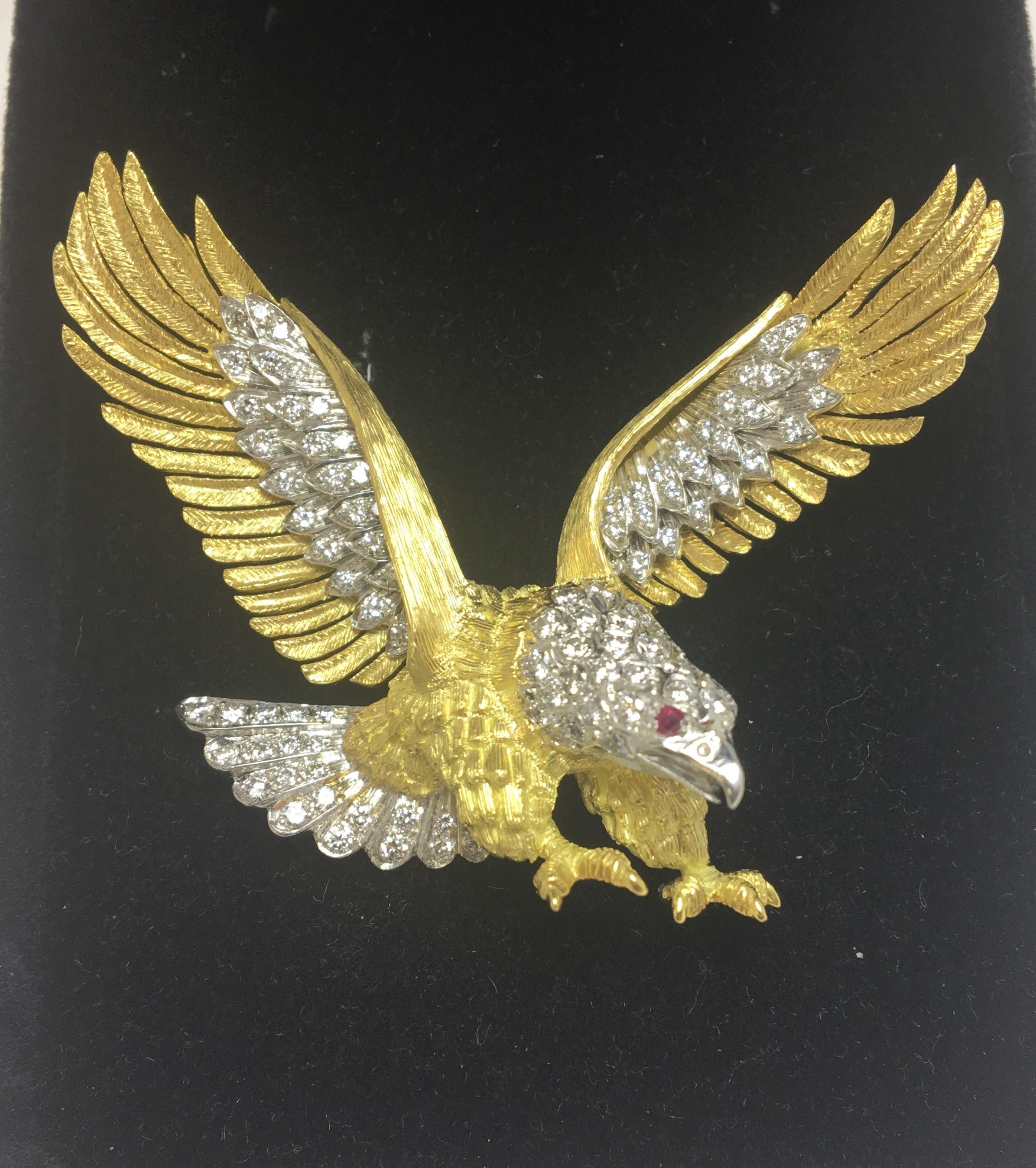 Women's or Men's McTiegue Diamond Ruby Eagle Brooch For Sale