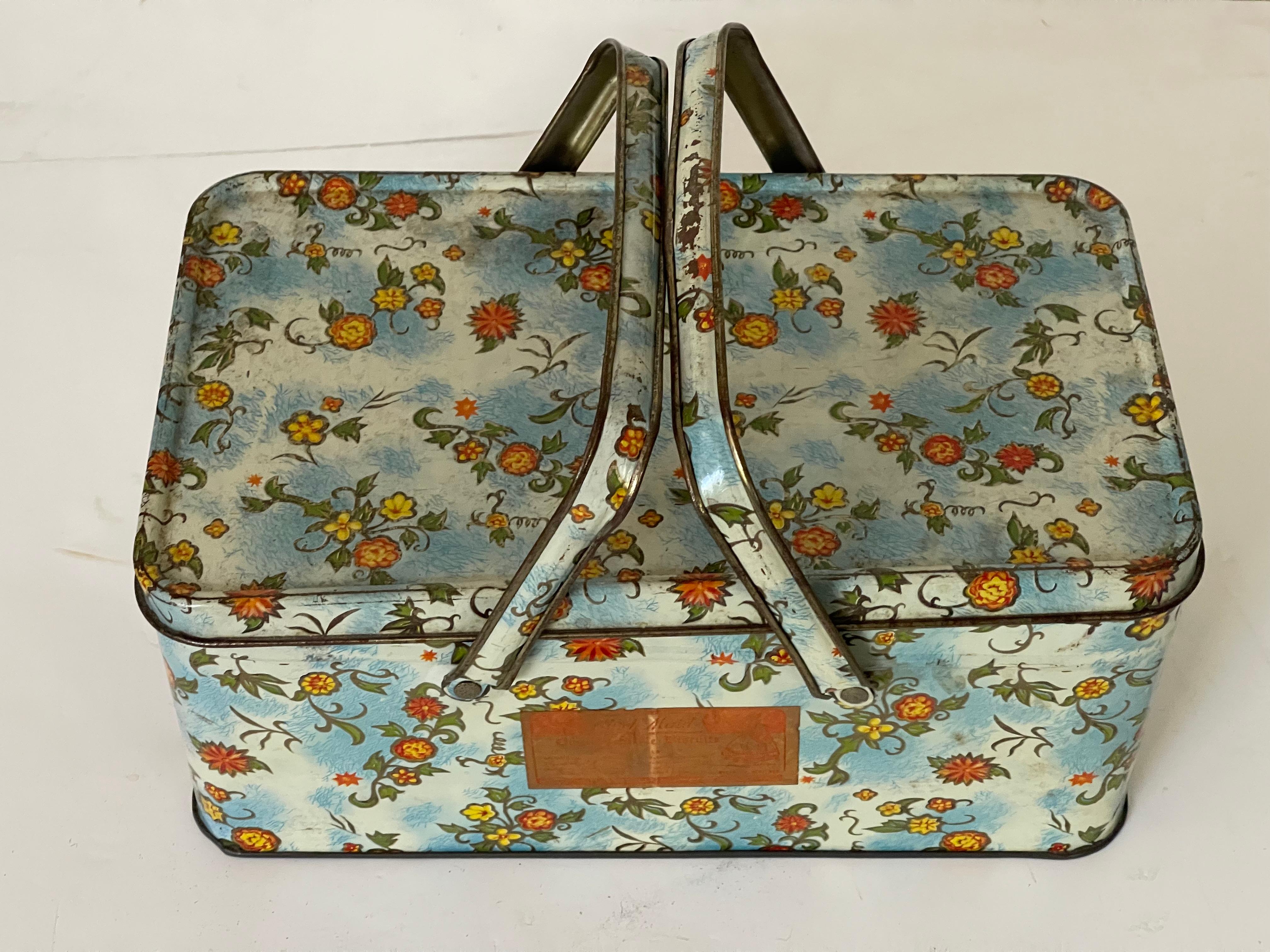 Md 20 th c Tin Sewing Box with Accessories For Sale