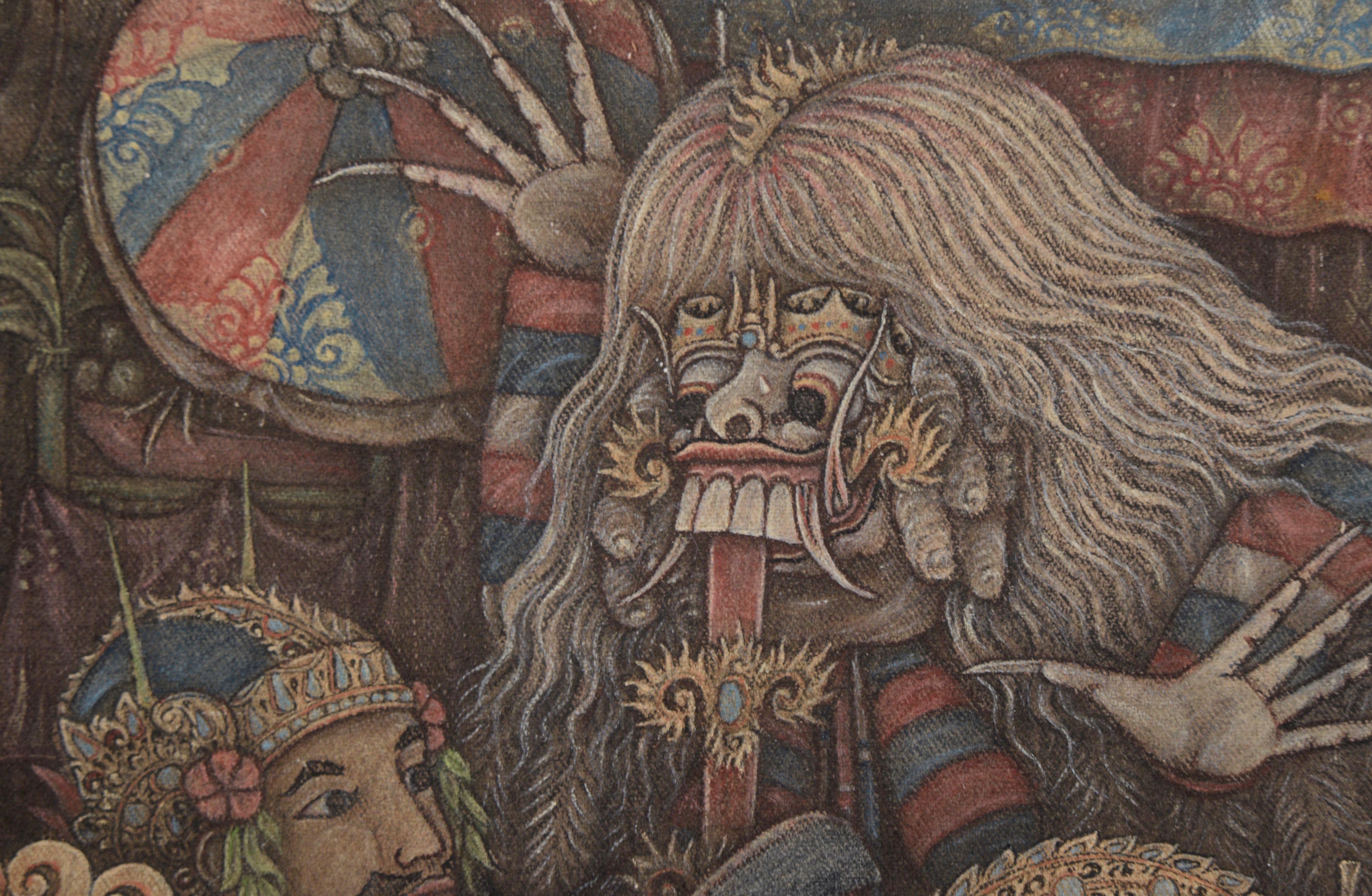 Highly detailed depiction of a Barong Mask dance in Bali. Several people wearing elaborate masks are taking part in a dance or ritual. People are dressed in white, red, and blue striped clothing in addition to the masks and costumes. Of particular