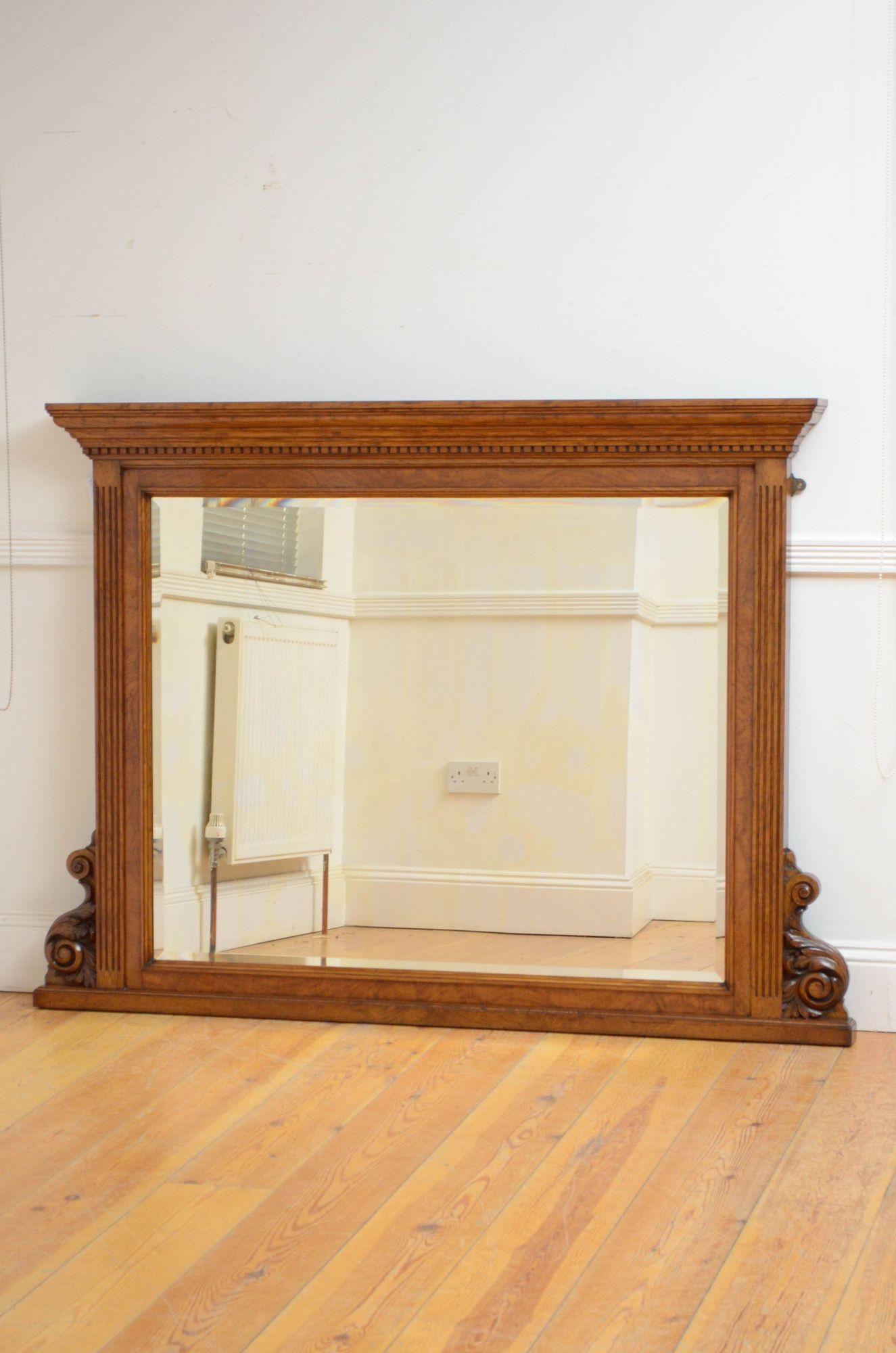 Sn5235 Superior quality Victorian pollard oak overmantle mirror, having original bevelled edge glass flanked by reeded pilasters, cavetto cornice with dentil carved frieze and acanthus carved scrolls to the base. This antique mirror is in original