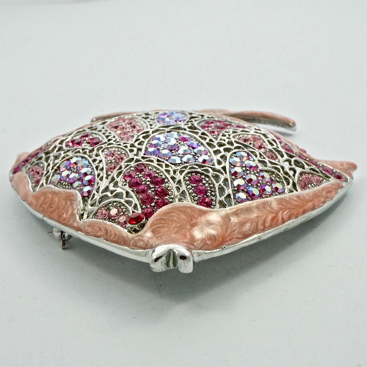 Women's or Men's MD Silver Tone Fish Statement Brooch with Pink Enamel and Pink Rhinestones For Sale