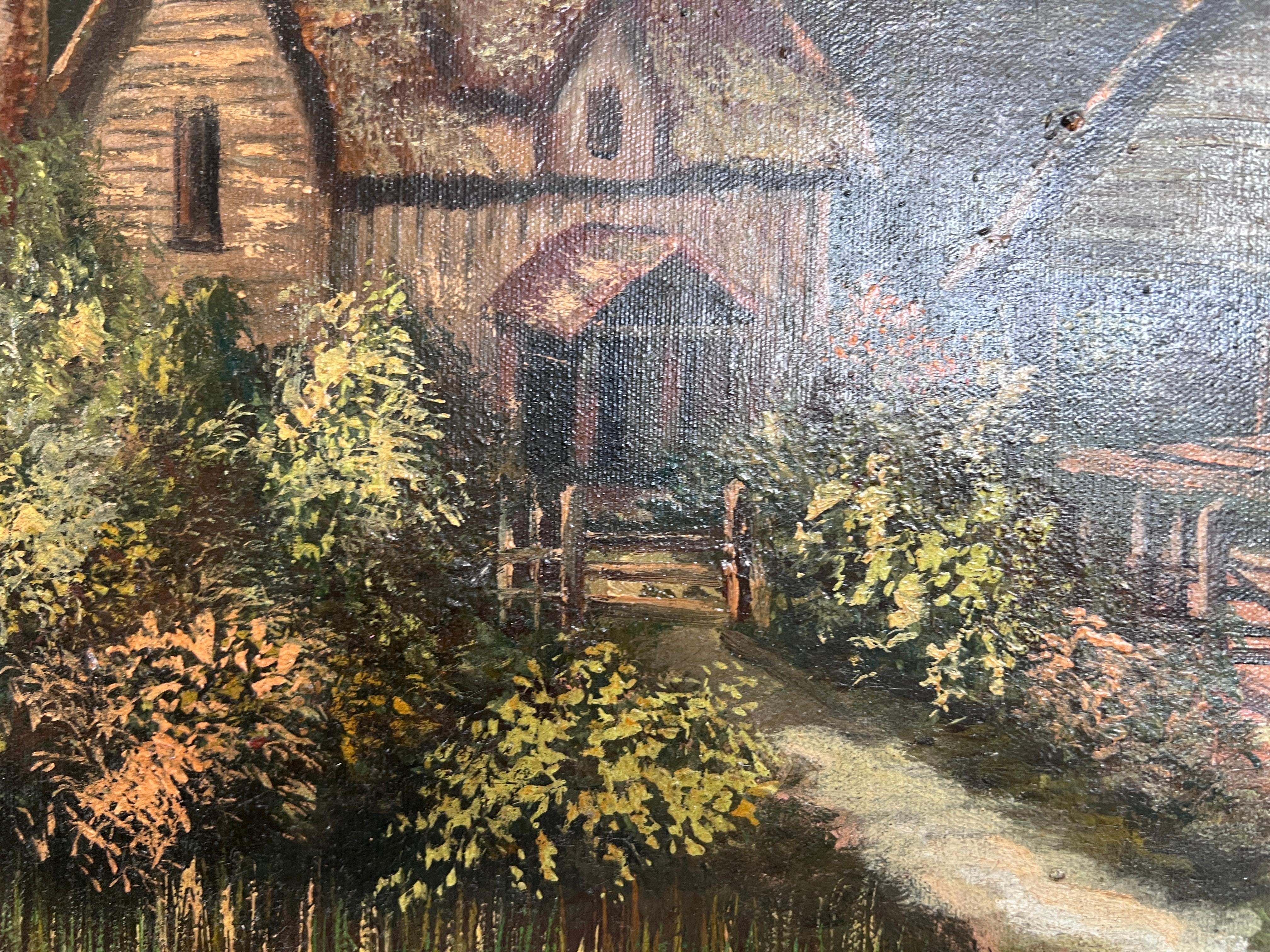 Antikes Ölgemälde Landhauslandschaft Signiert D.A. Kinn - Gerahmt im Angebot 5