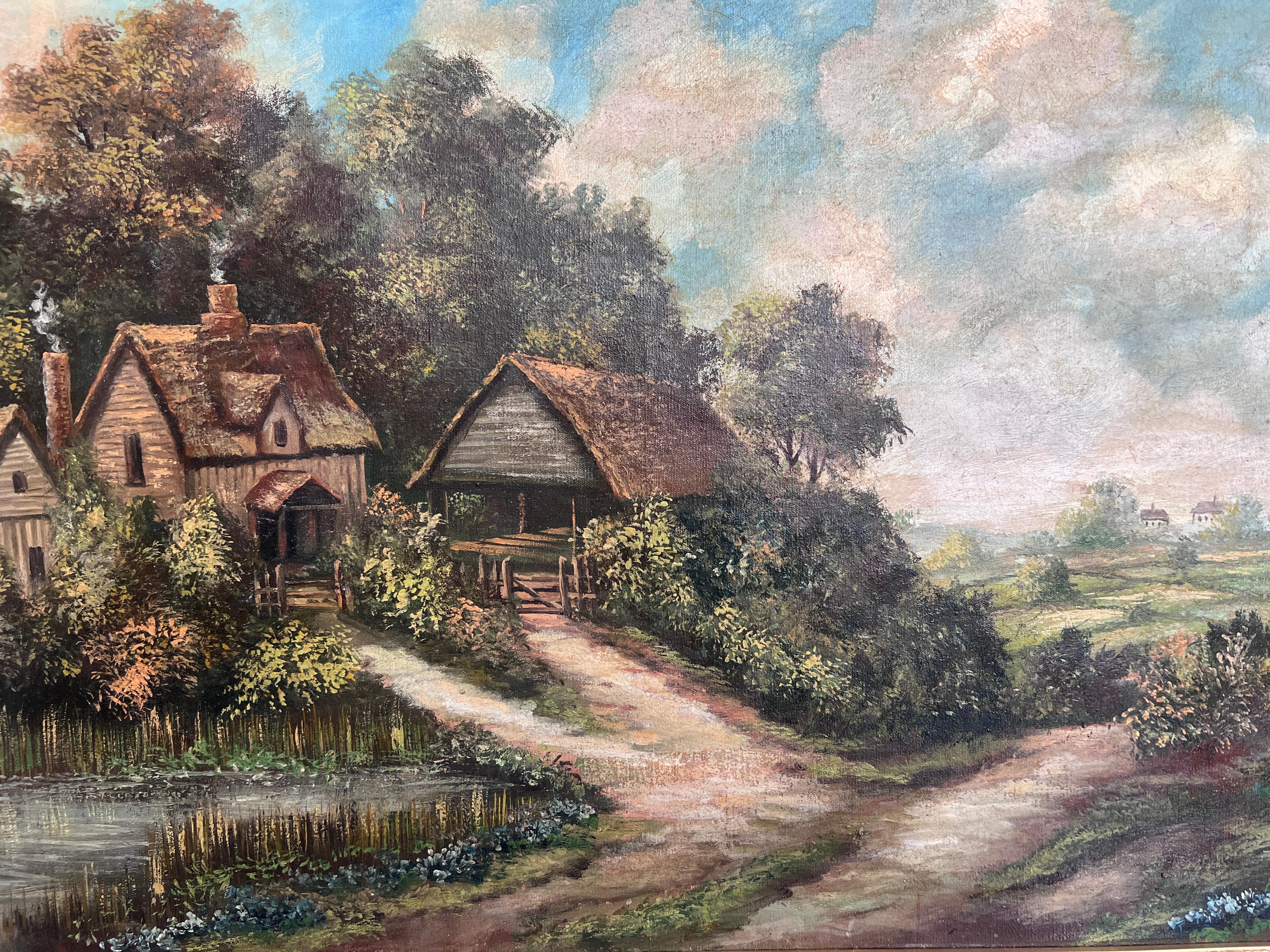 Antikes Ölgemälde Landhauslandschaft Signiert D.A. Kinn - Gerahmt – Painting von M.D.Chin
