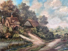 Antique Oil Painting Countryside Cottage Landscape Signed M.D. Chin – Framed