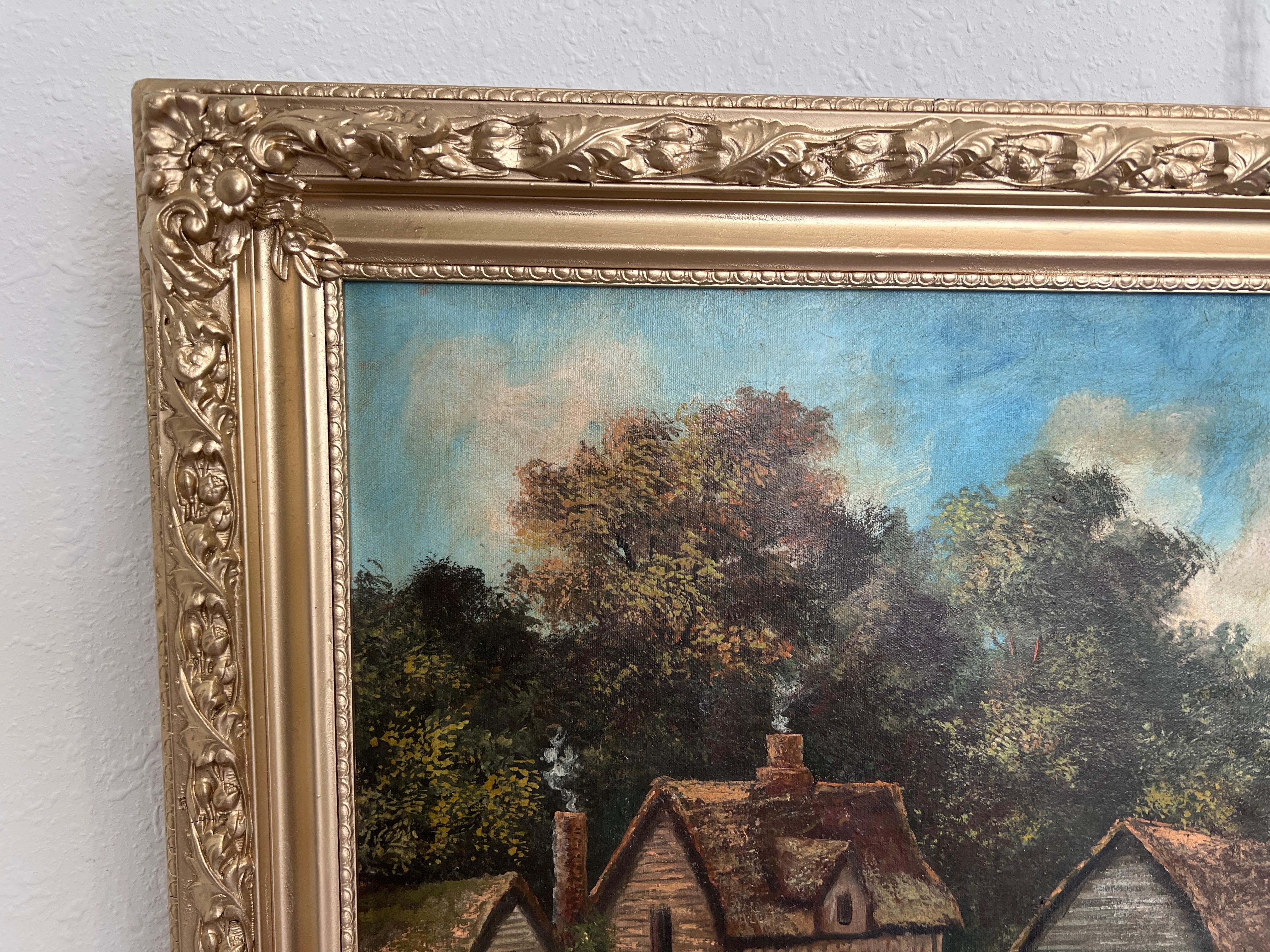 Antikes Ölgemälde Landhauslandschaft Signiert D.A. Kinn - Gerahmt (Grau), Landscape Painting, von M.D.Chin