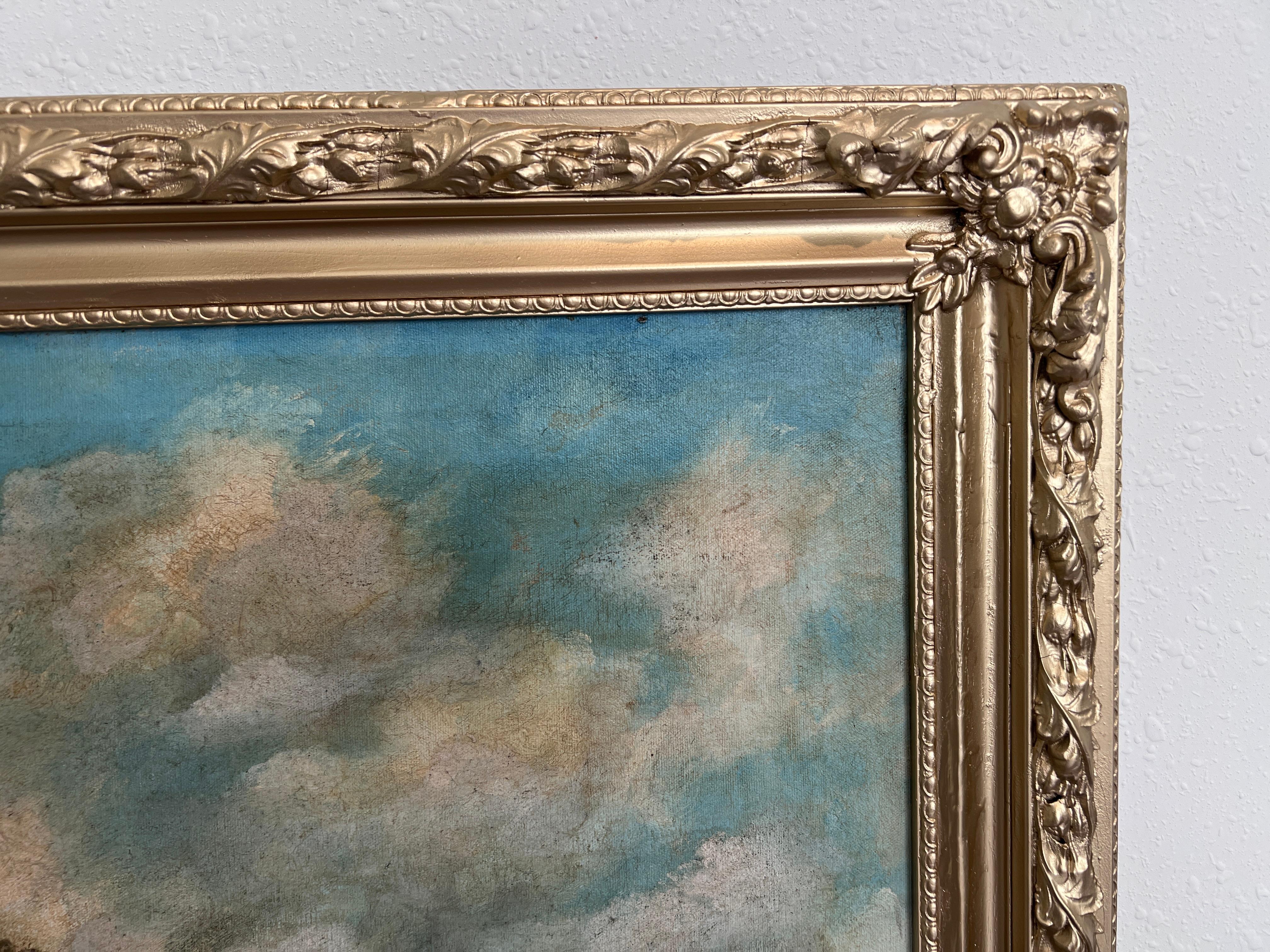 This exquisite antique oil painting beautifully captures the serenity and charm of a pastoral countryside.  A winding dirt road draws the viewer’s eye past quaint thatched cottages nestled beneath lush, mature trees , their chimneys releasing