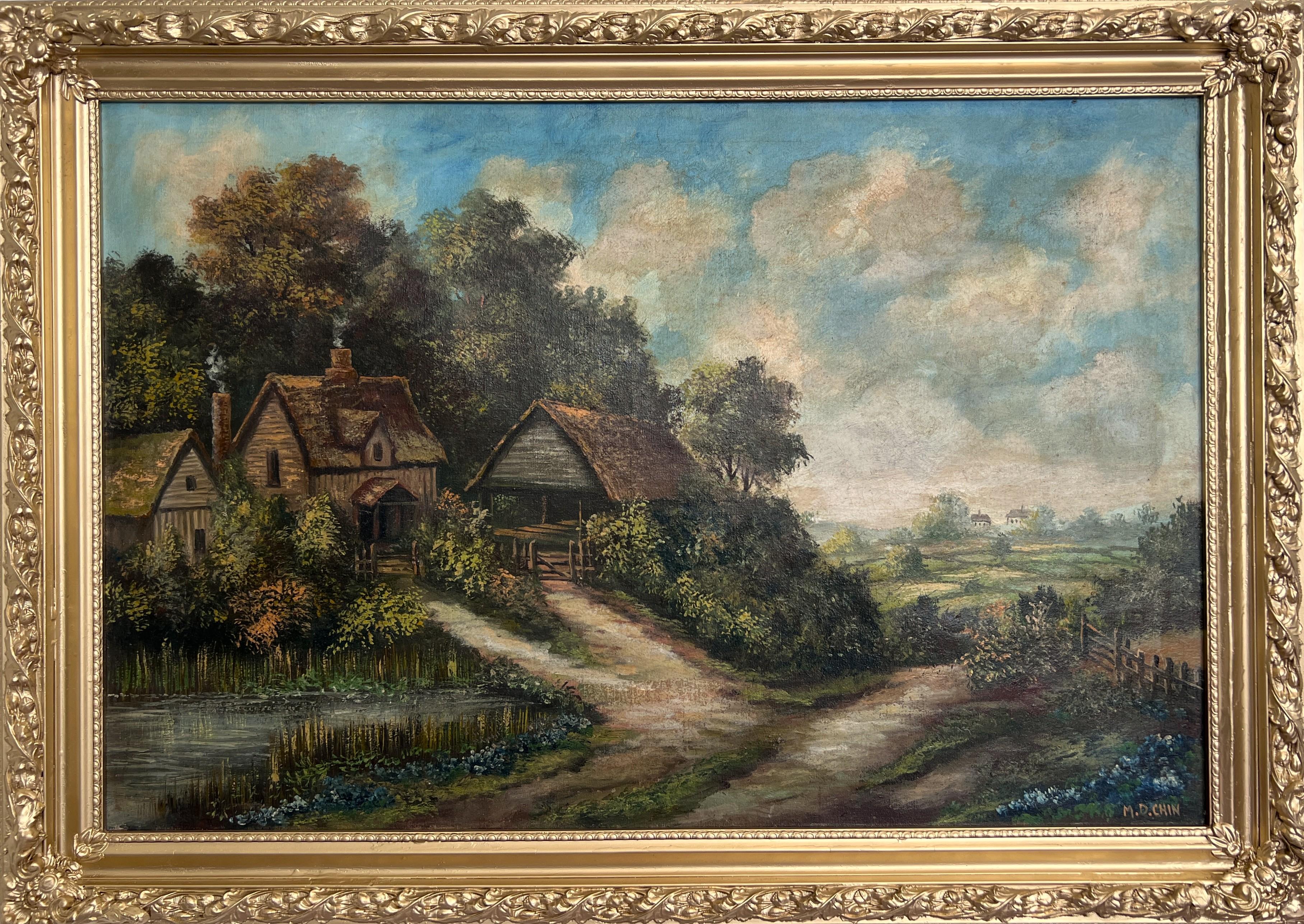 Antikes Ölgemälde Landhauslandschaft Signiert D.A. Kinn - Gerahmt