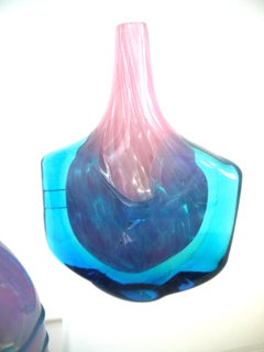 Mdina 'Axe' Head and Bottle with Trail Applied Lines in Pink and Blue 1980 Malta