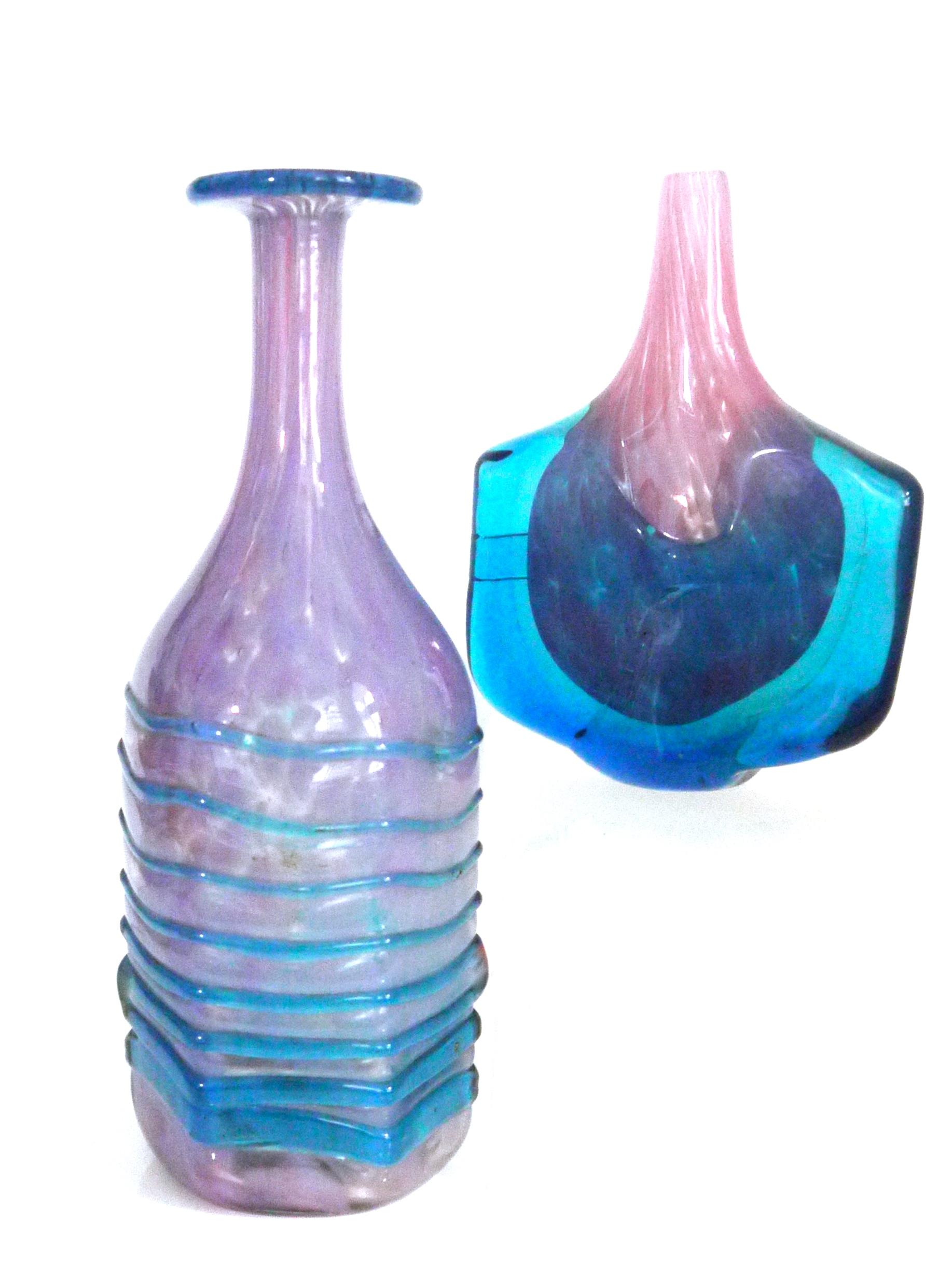 Mdina 'Axe' Head and Bottle with Trail Applied Lines in Pink and Blue 1980 Malta In Good Condition For Sale In Halstead, GB