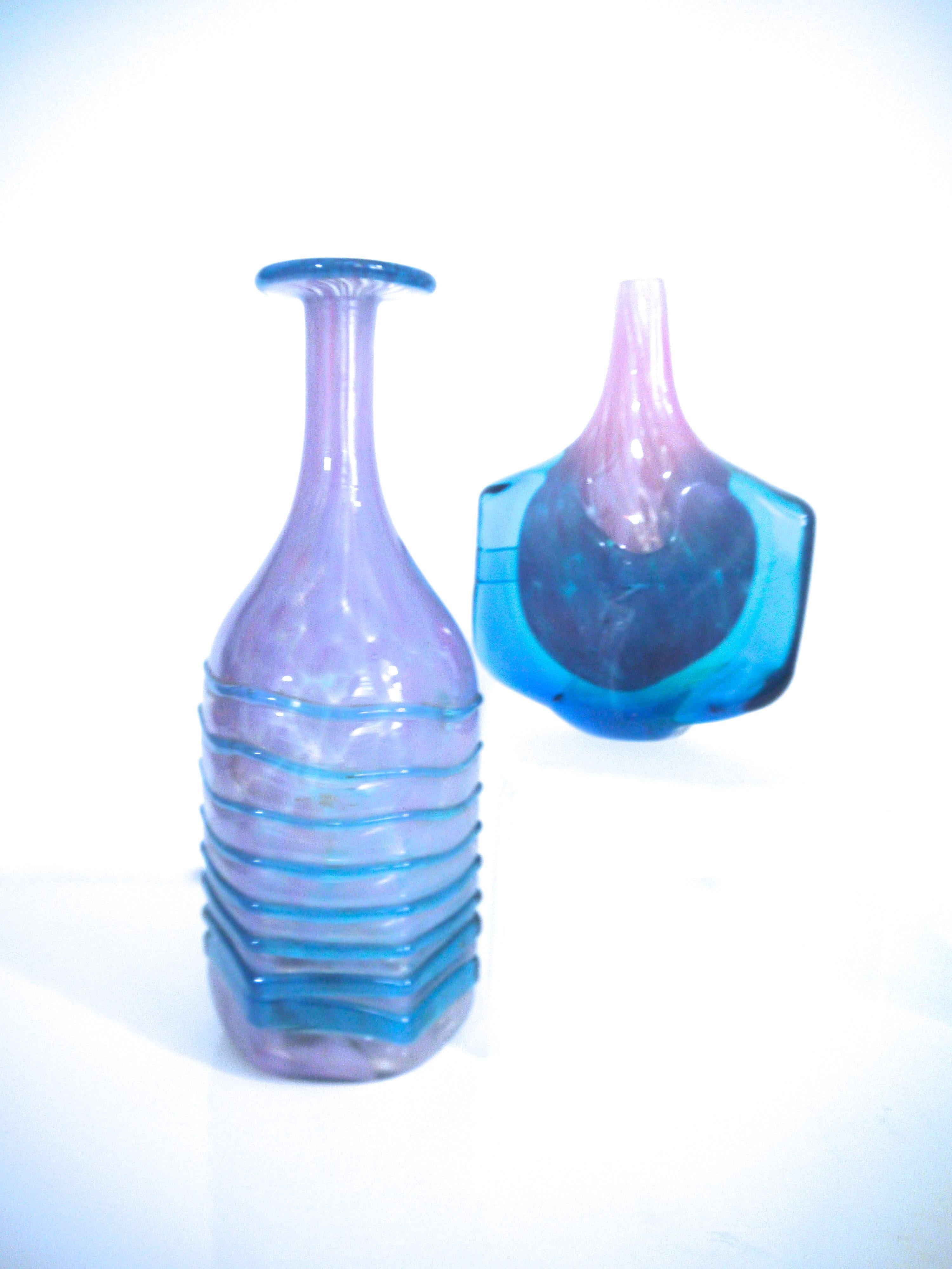 Late 20th Century Mdina 'Axe' Head and Bottle with Trail Applied Lines in Pink and Blue 1980 Malta For Sale