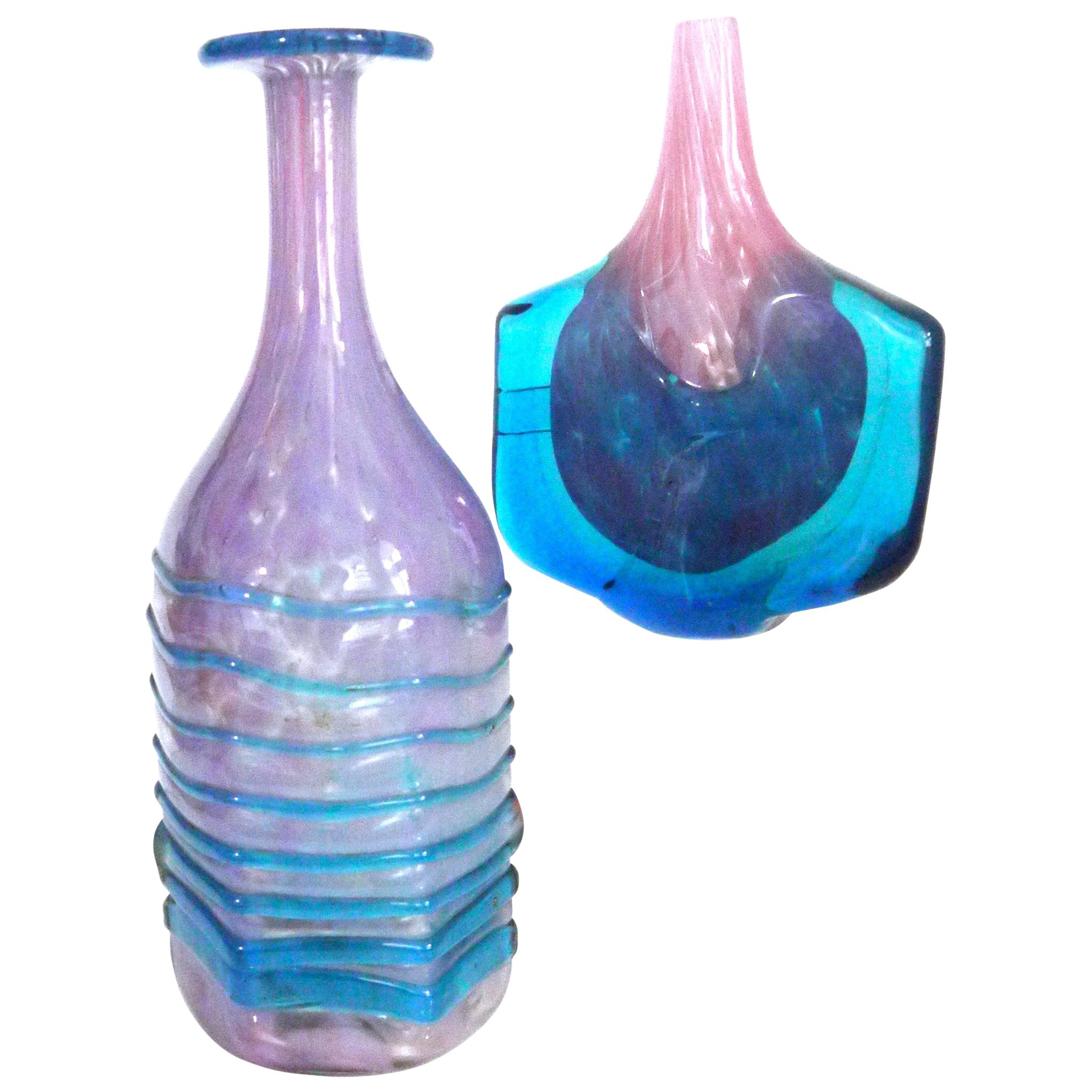 Mdina 'Axe' Head and Bottle with Trail Applied Lines in Pink and Blue 1980 Malta For Sale